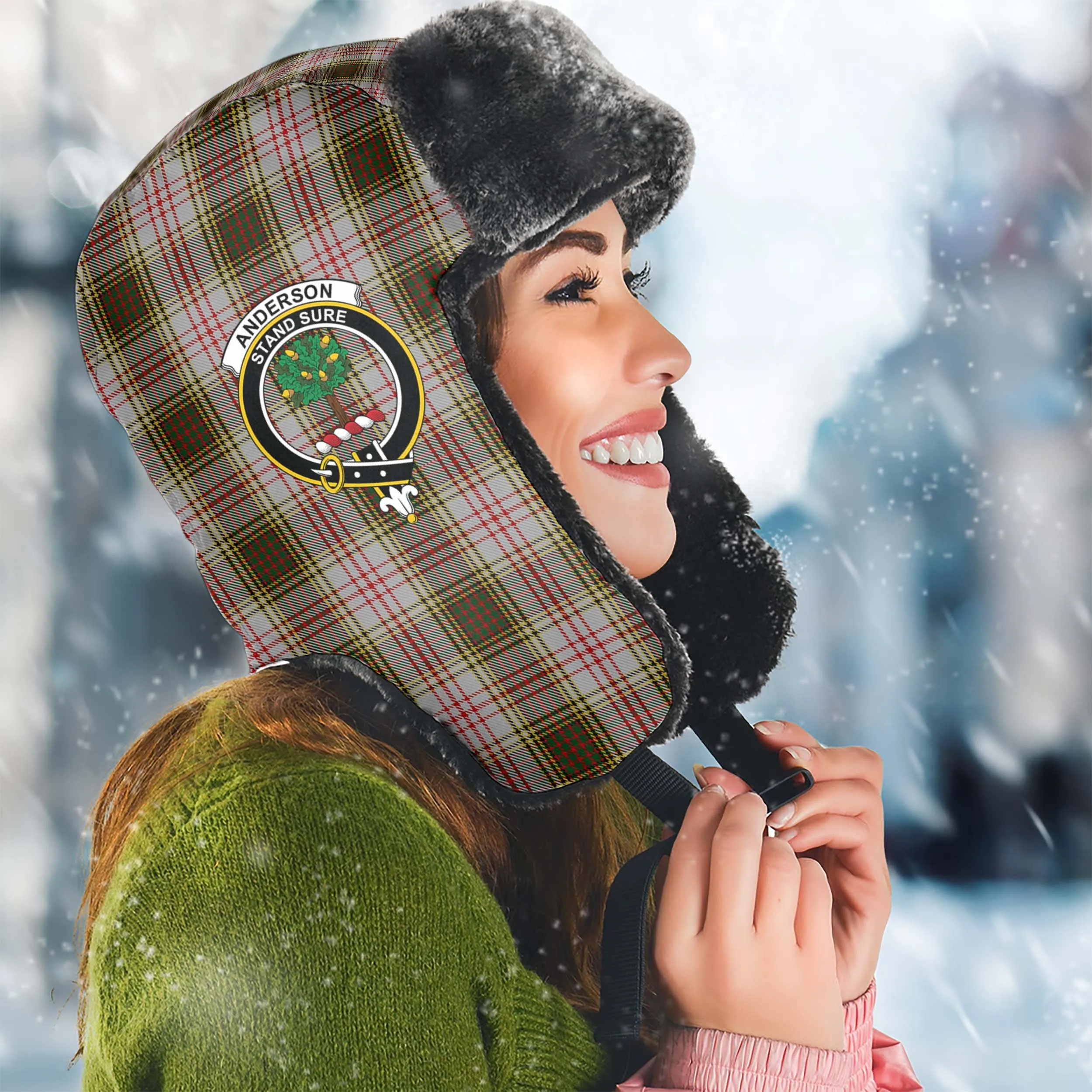 Anderson Dress Tartan Winter Trapper Hat with Family Crest