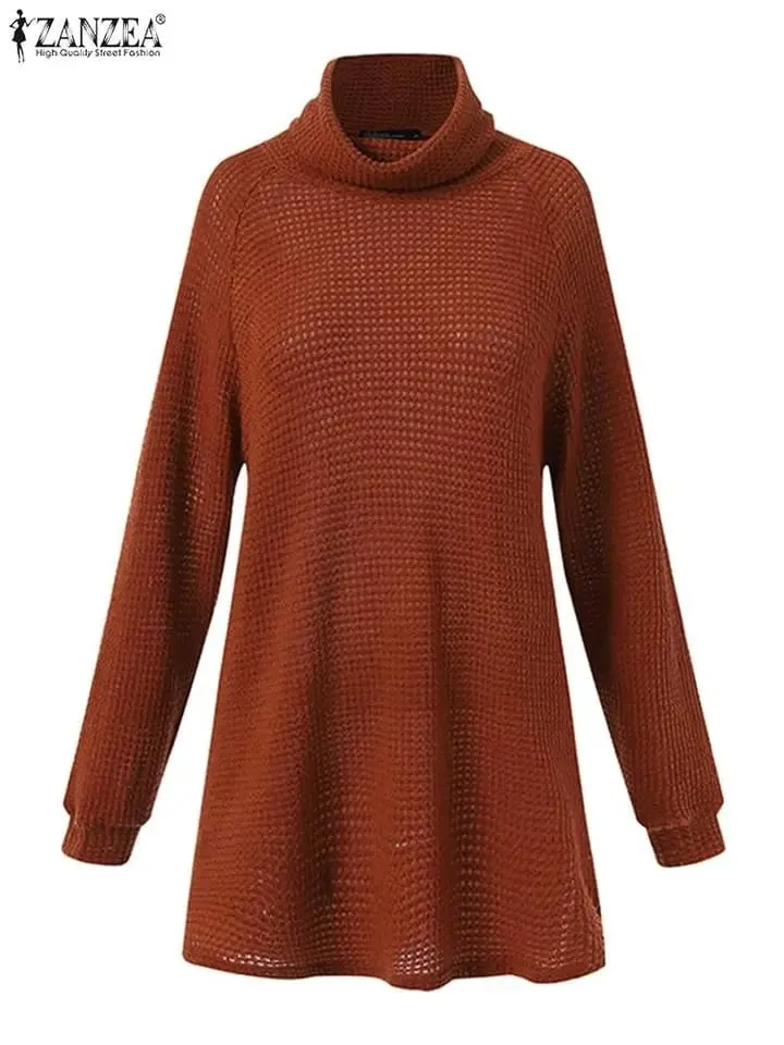 Autumn Solid Tunic Tops ZANZEA Women Turtleneck Long Sleeve Blouse Casual Loose Shirt Female Work Blusas Pullover Mujer Chemise S4449927