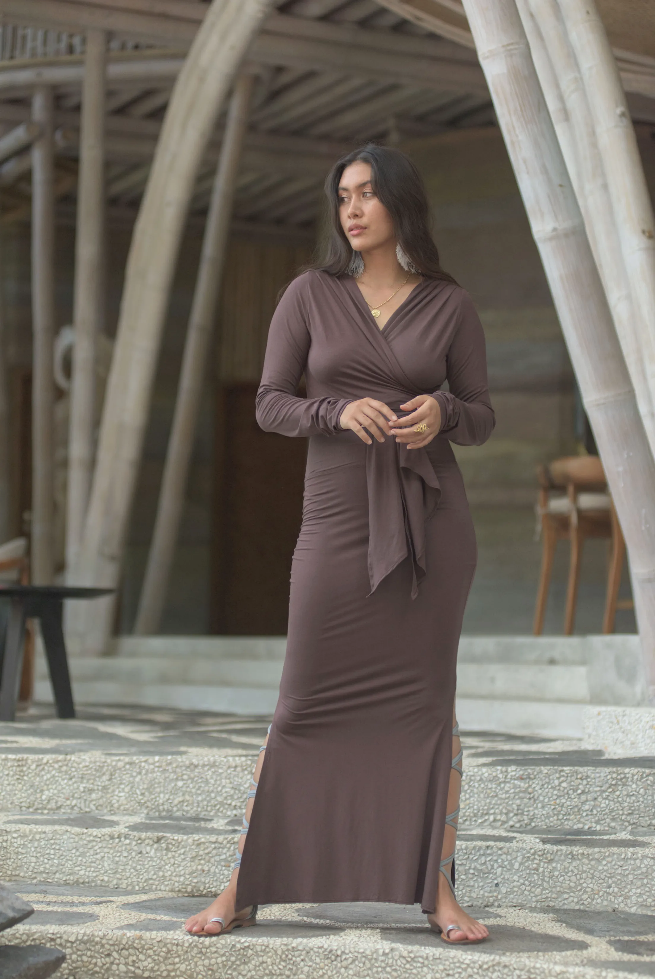 BAMBOO SIDE SLIT SKIRT BROWN