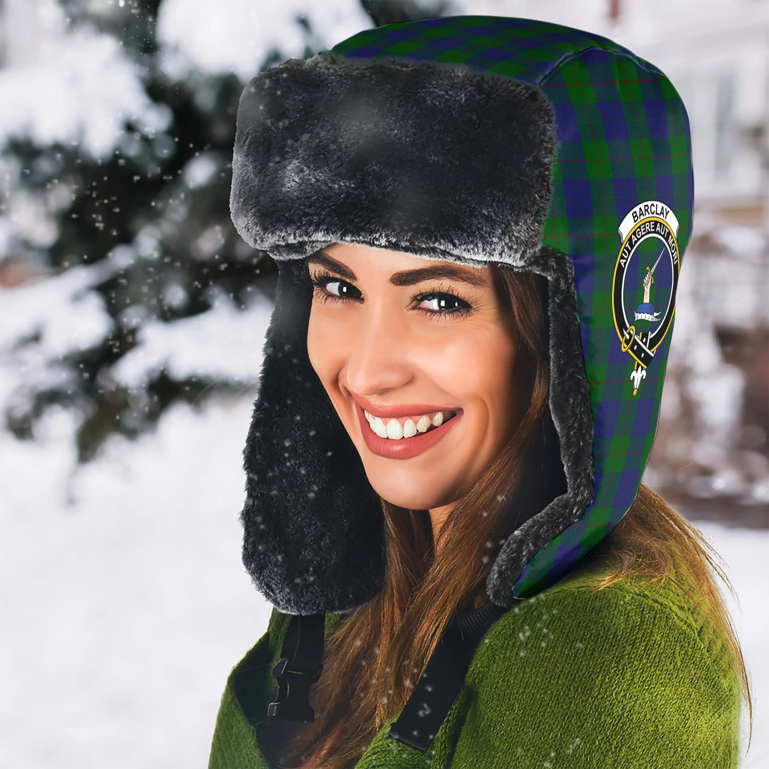Barclay Tartan Winter Trapper Hat with Family Crest