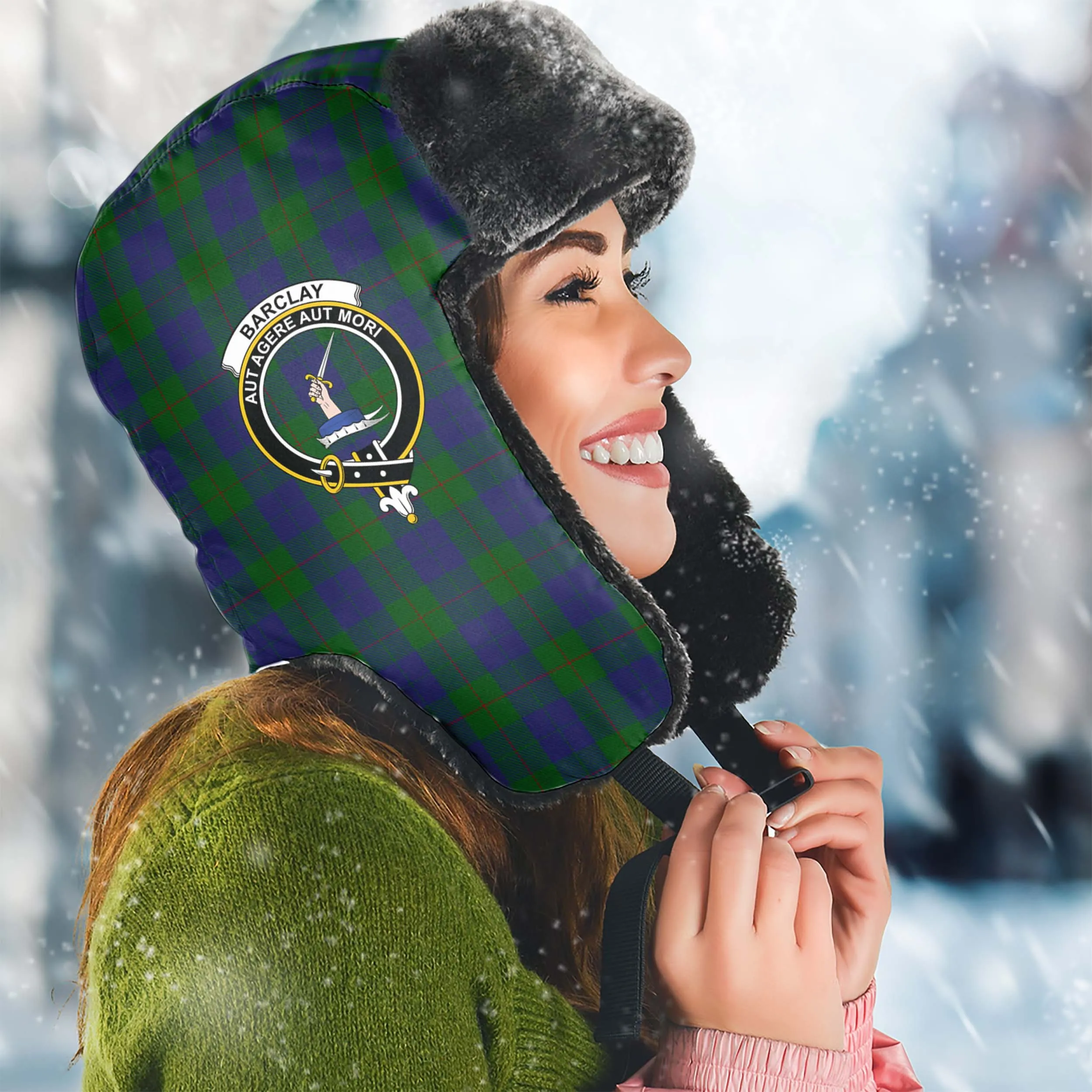 Barclay Tartan Winter Trapper Hat with Family Crest