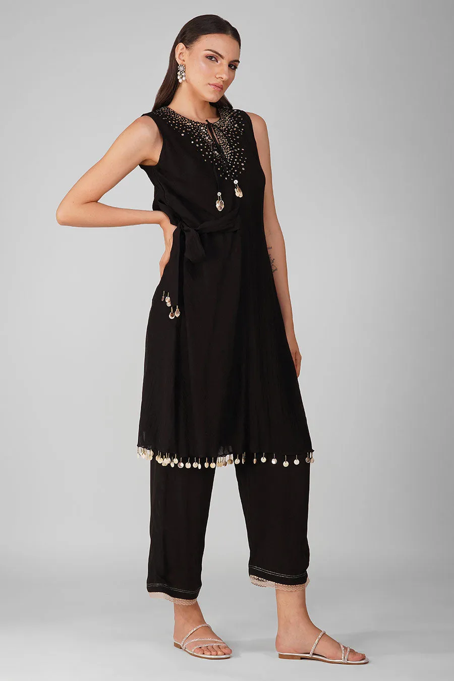 Black Chanderi Embellished Tie-up Tunic Set