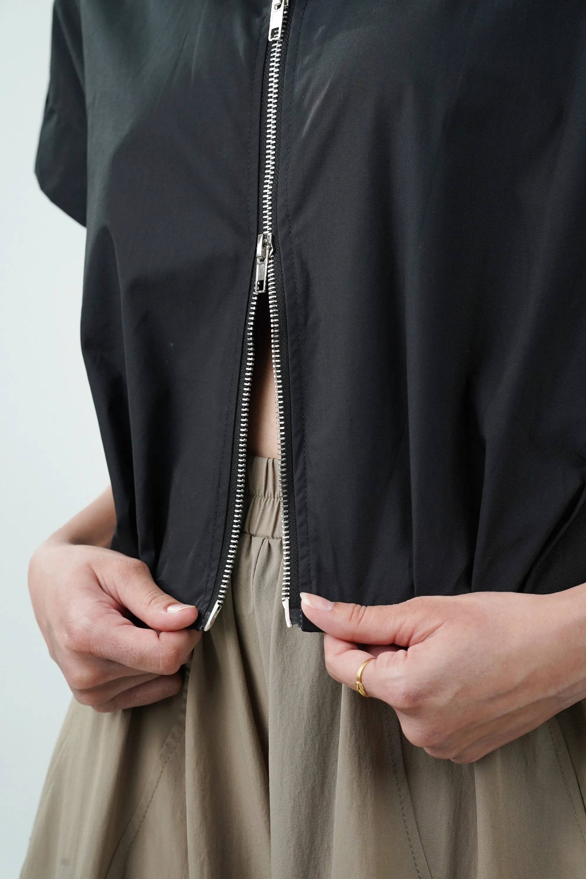 Black Double Zipper Pleated Hem Top