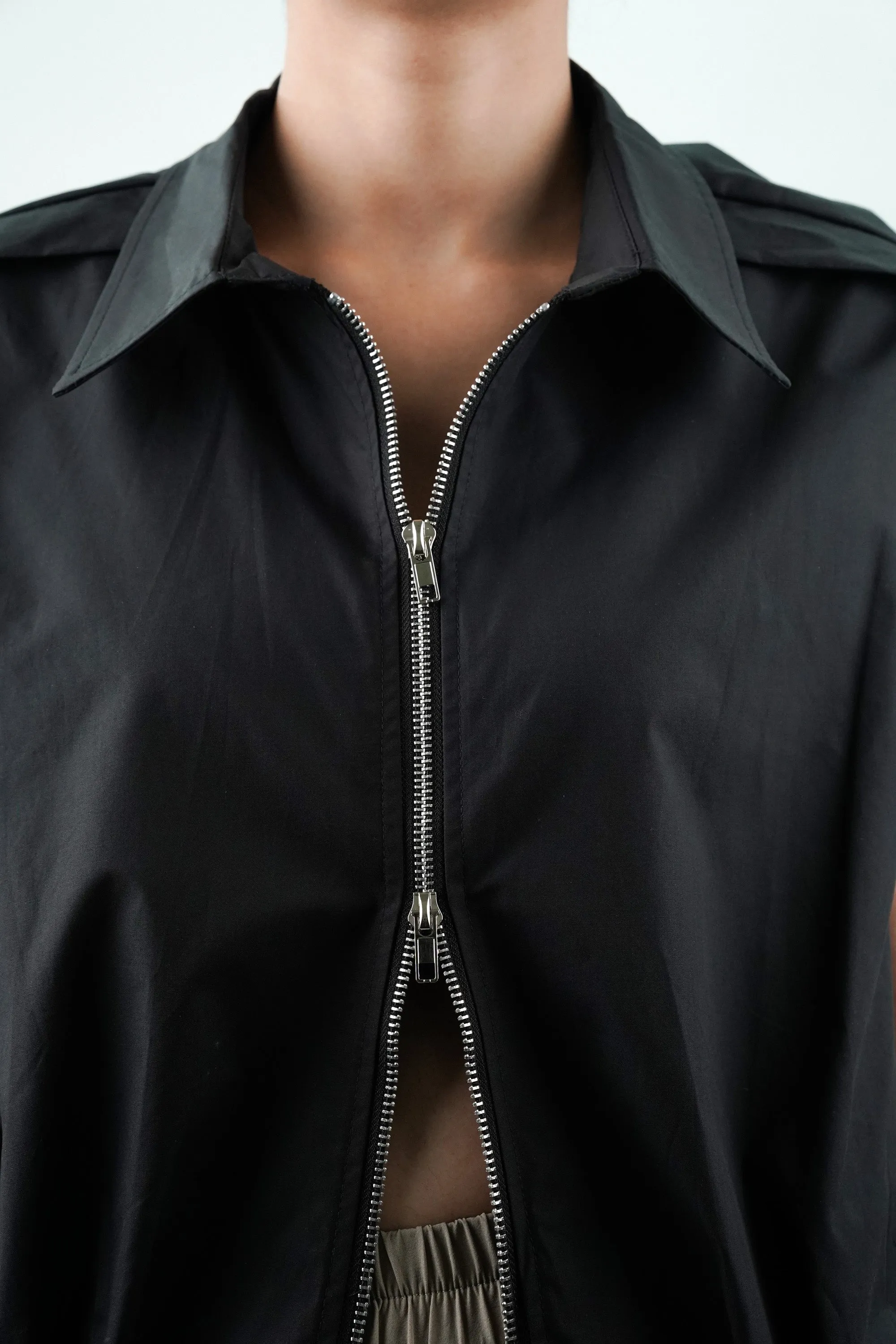 Black Double Zipper Pleated Hem Top