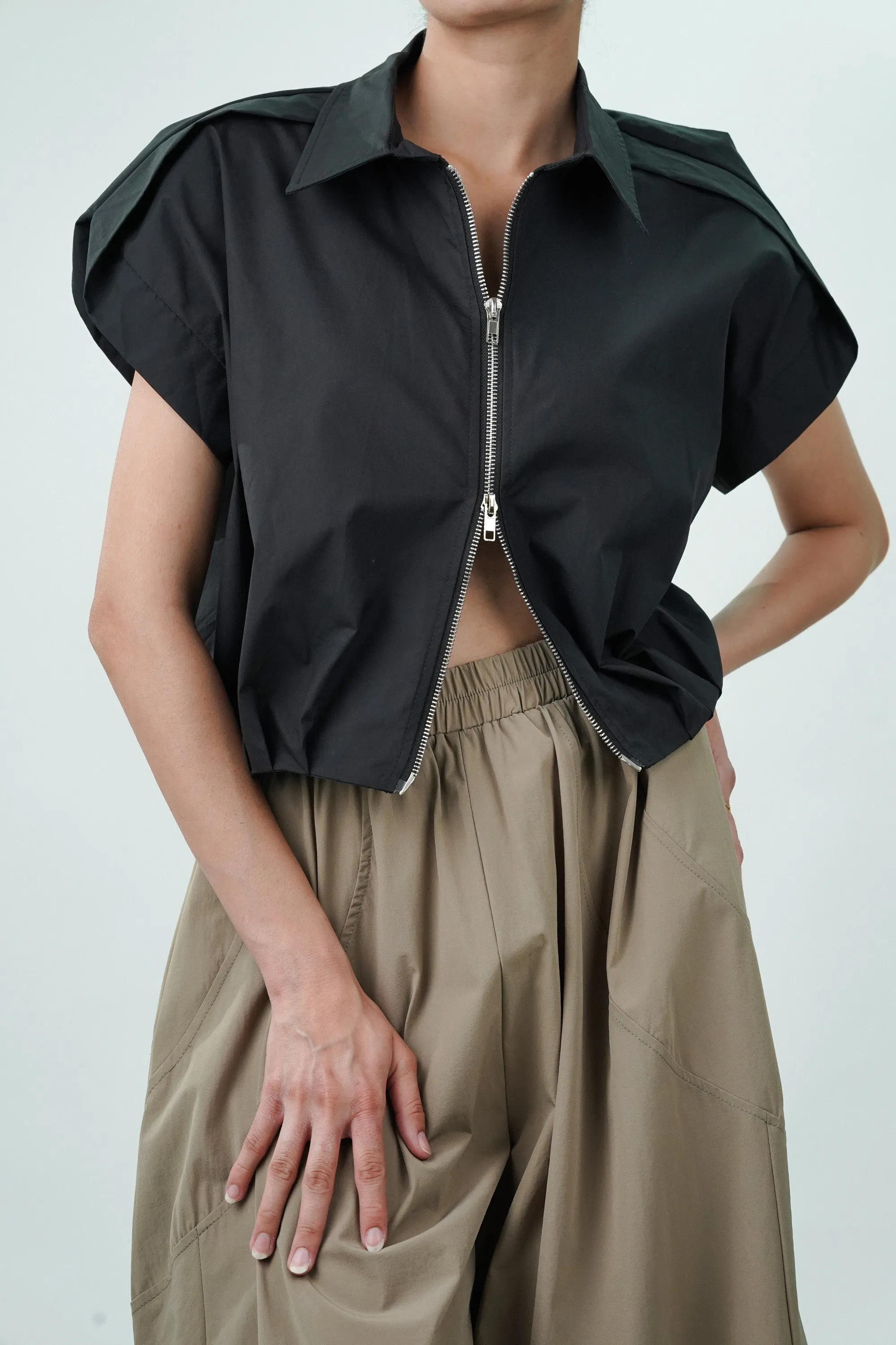Black Double Zipper Pleated Hem Top