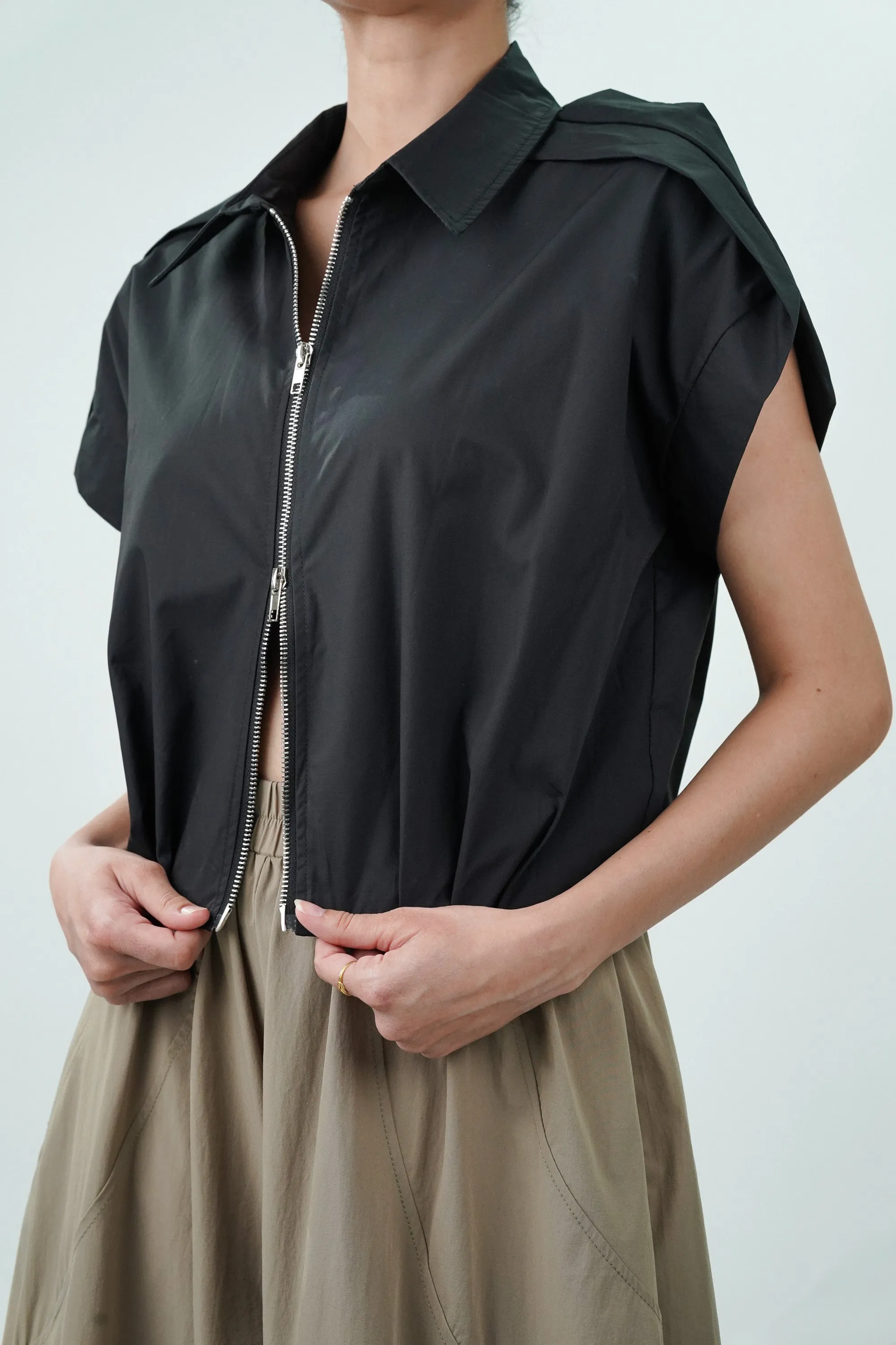Black Double Zipper Pleated Hem Top