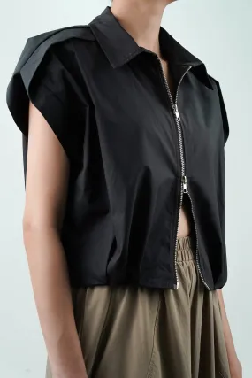 Black Double Zipper Pleated Hem Top