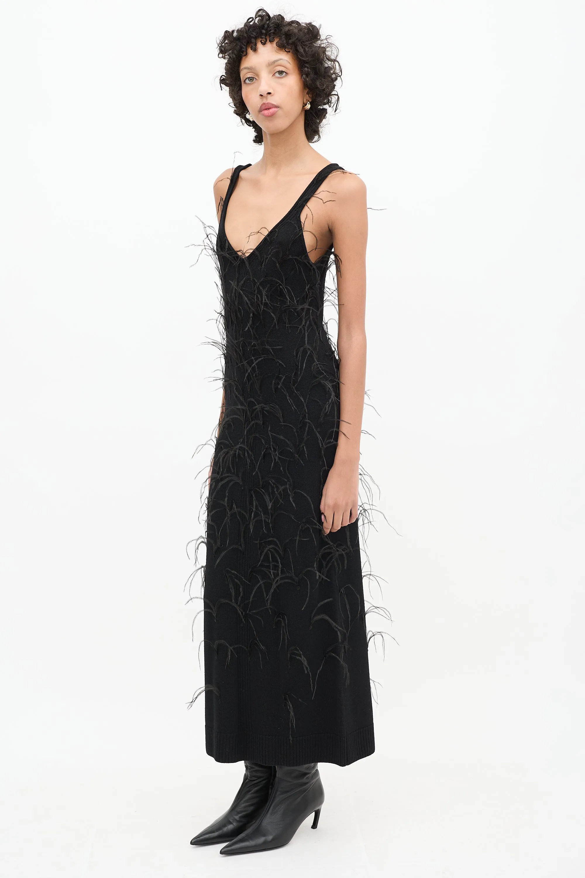 Black Wool Knit Nati Feathered Dress