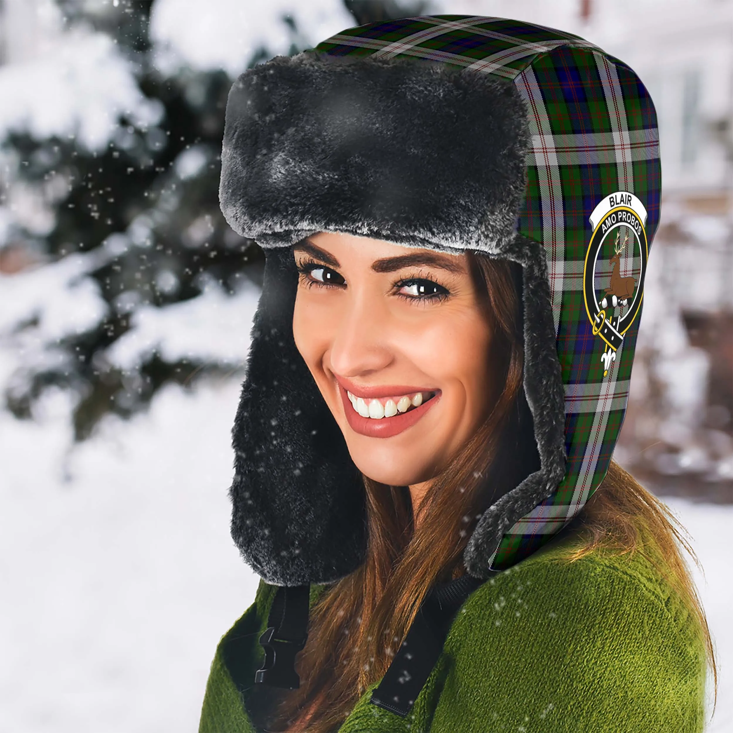 Blair Dress Tartan Winter Trapper Hat with Family Crest