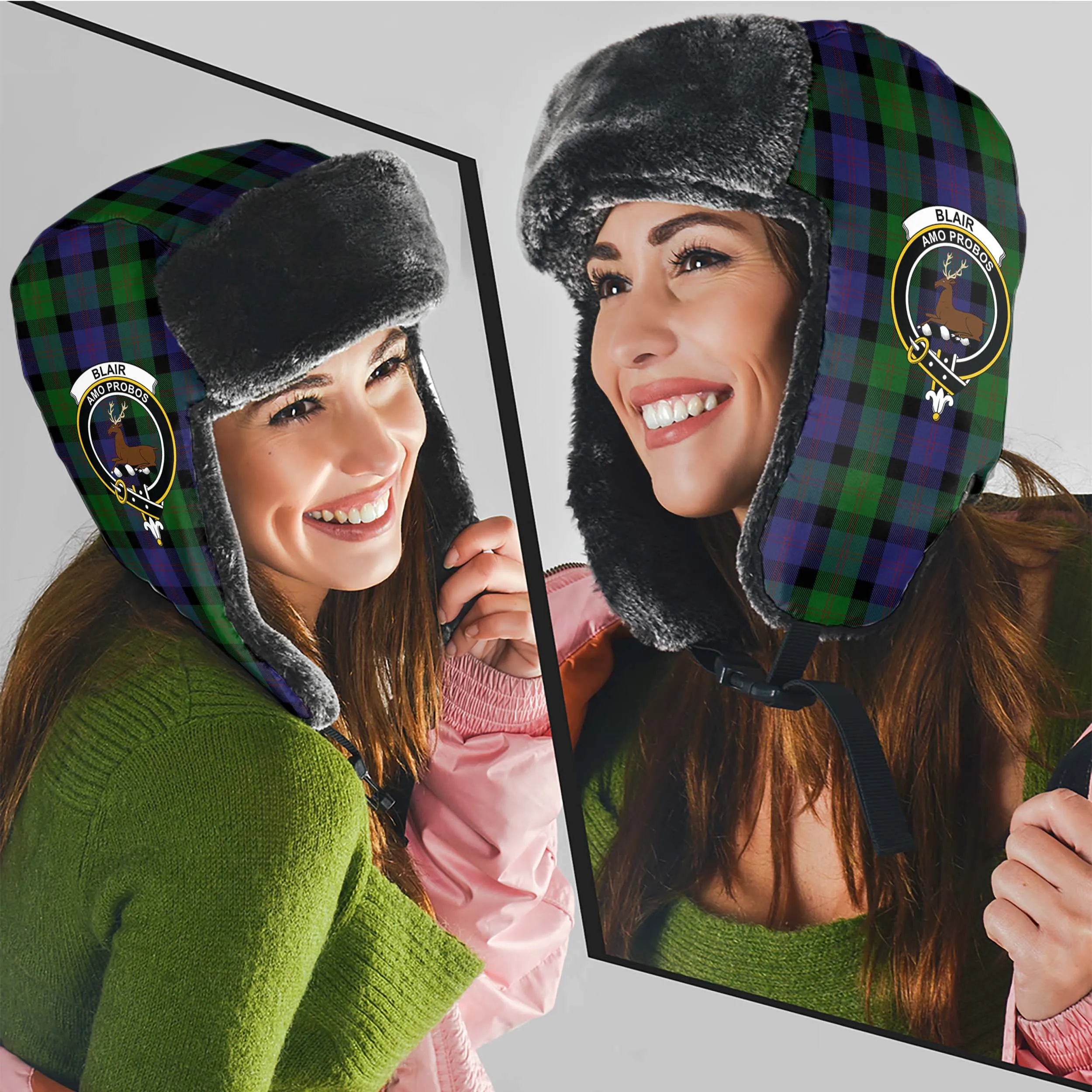 Blair Tartan Winter Trapper Hat with Family Crest