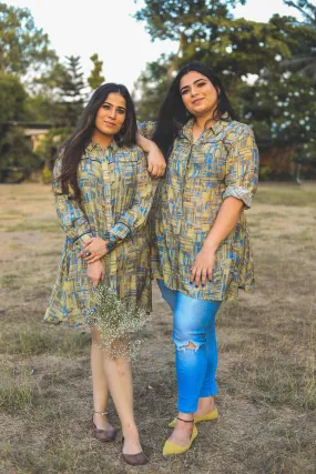 Blue and pista color abstract digital print smart tunic dress