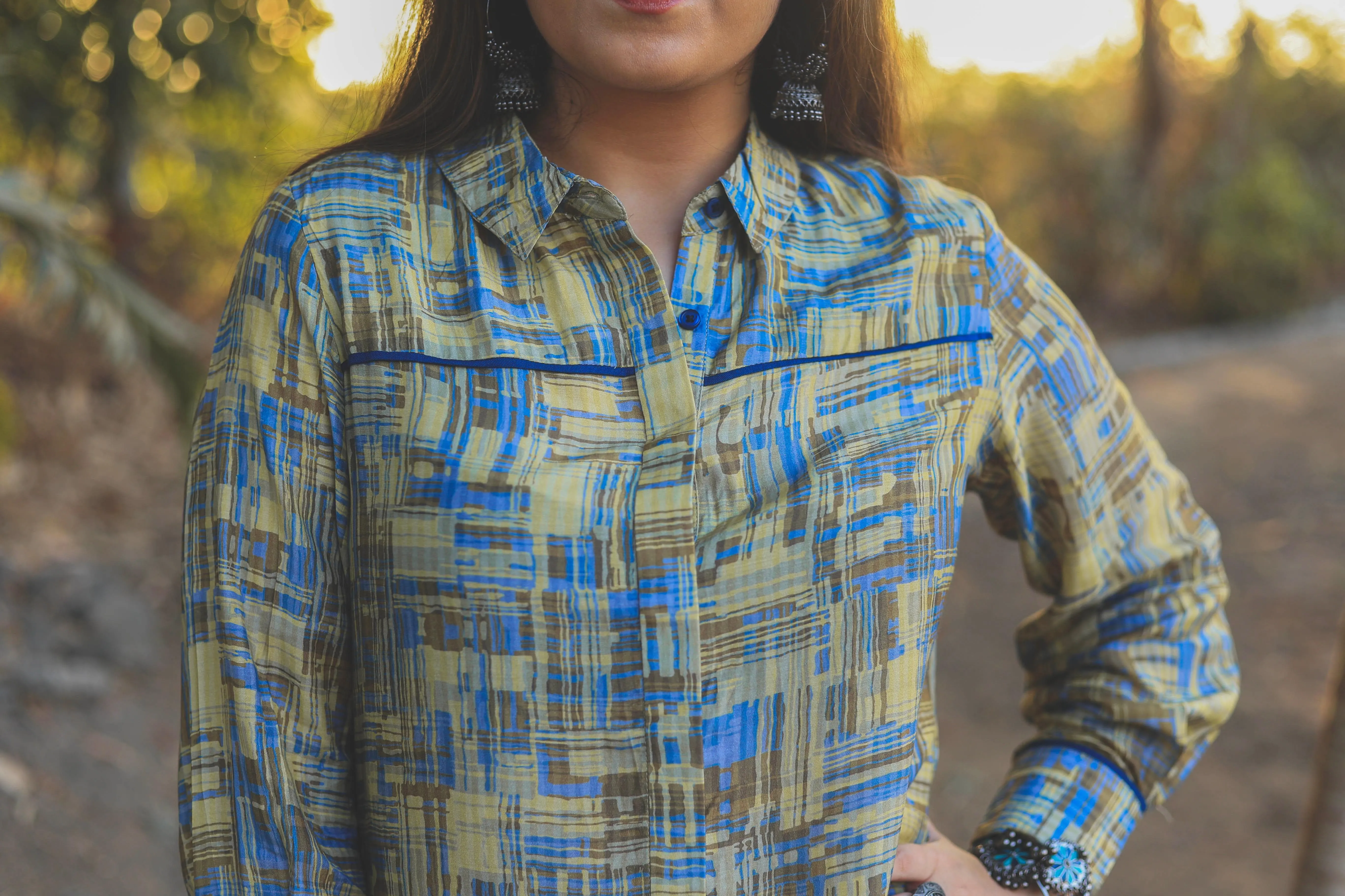 Blue and pista color abstract digital print smart tunic dress