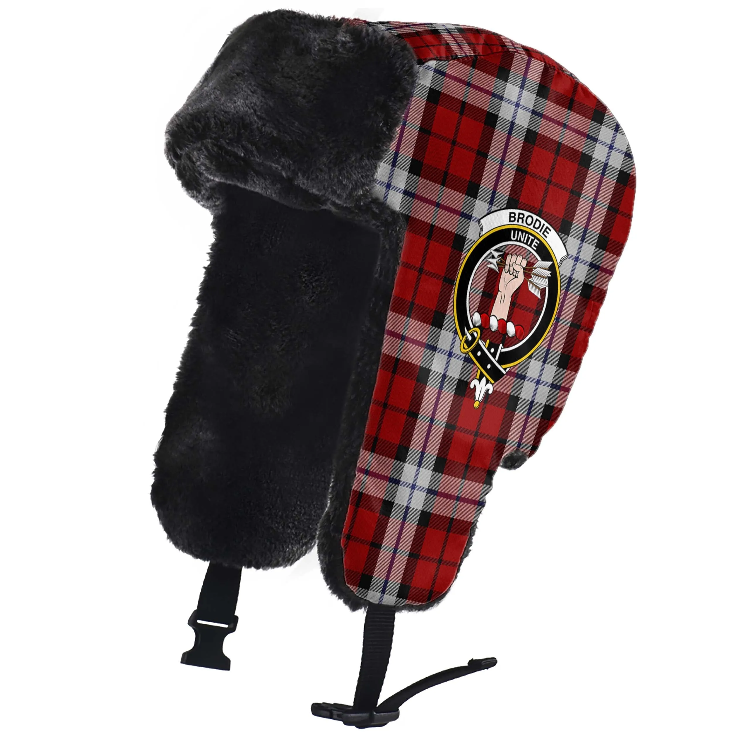 Brodie Dress Tartan Winter Trapper Hat with Family Crest