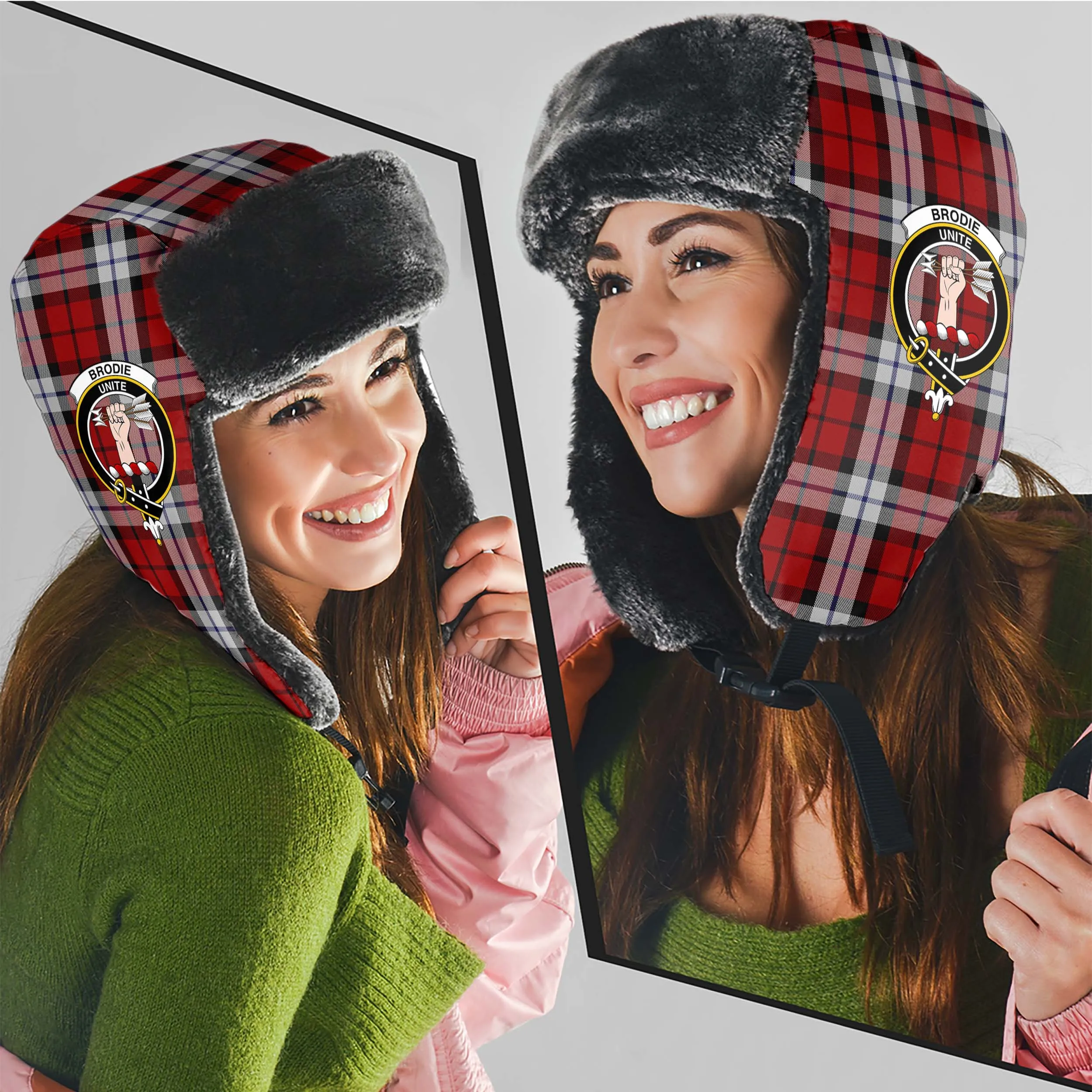 Brodie Dress Tartan Winter Trapper Hat with Family Crest