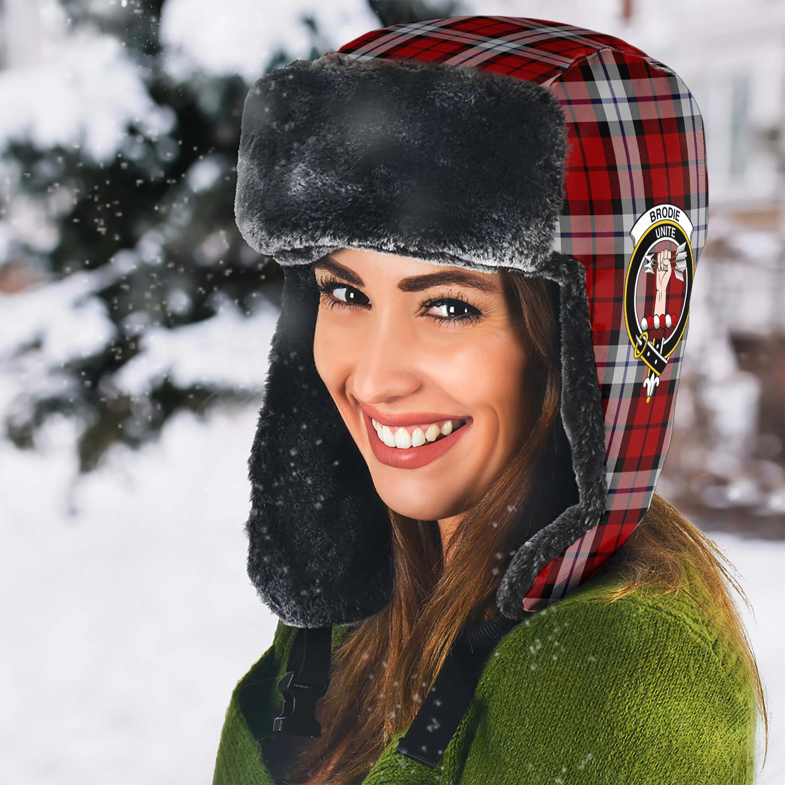 Brodie Dress Tartan Winter Trapper Hat with Family Crest