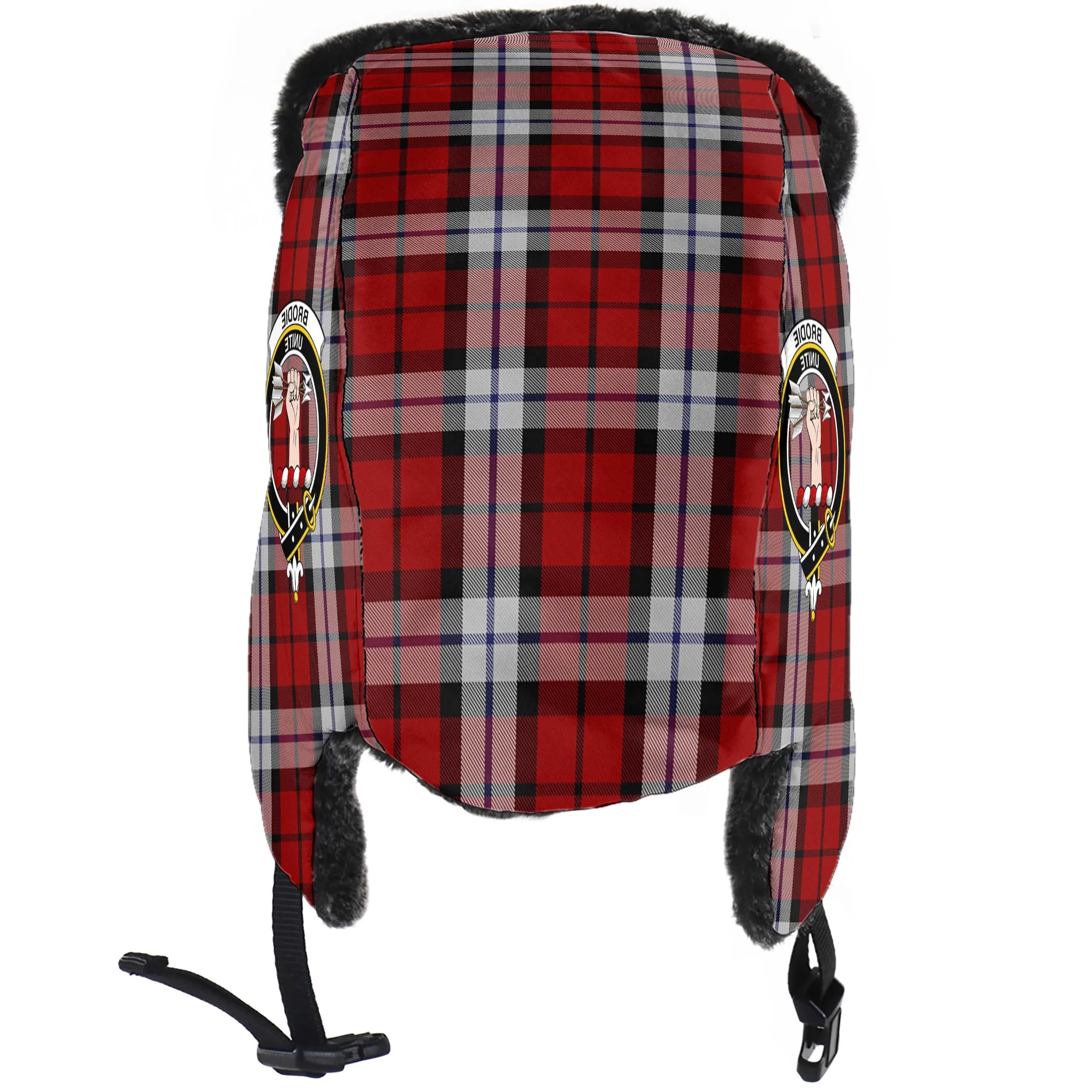 Brodie Dress Tartan Winter Trapper Hat with Family Crest