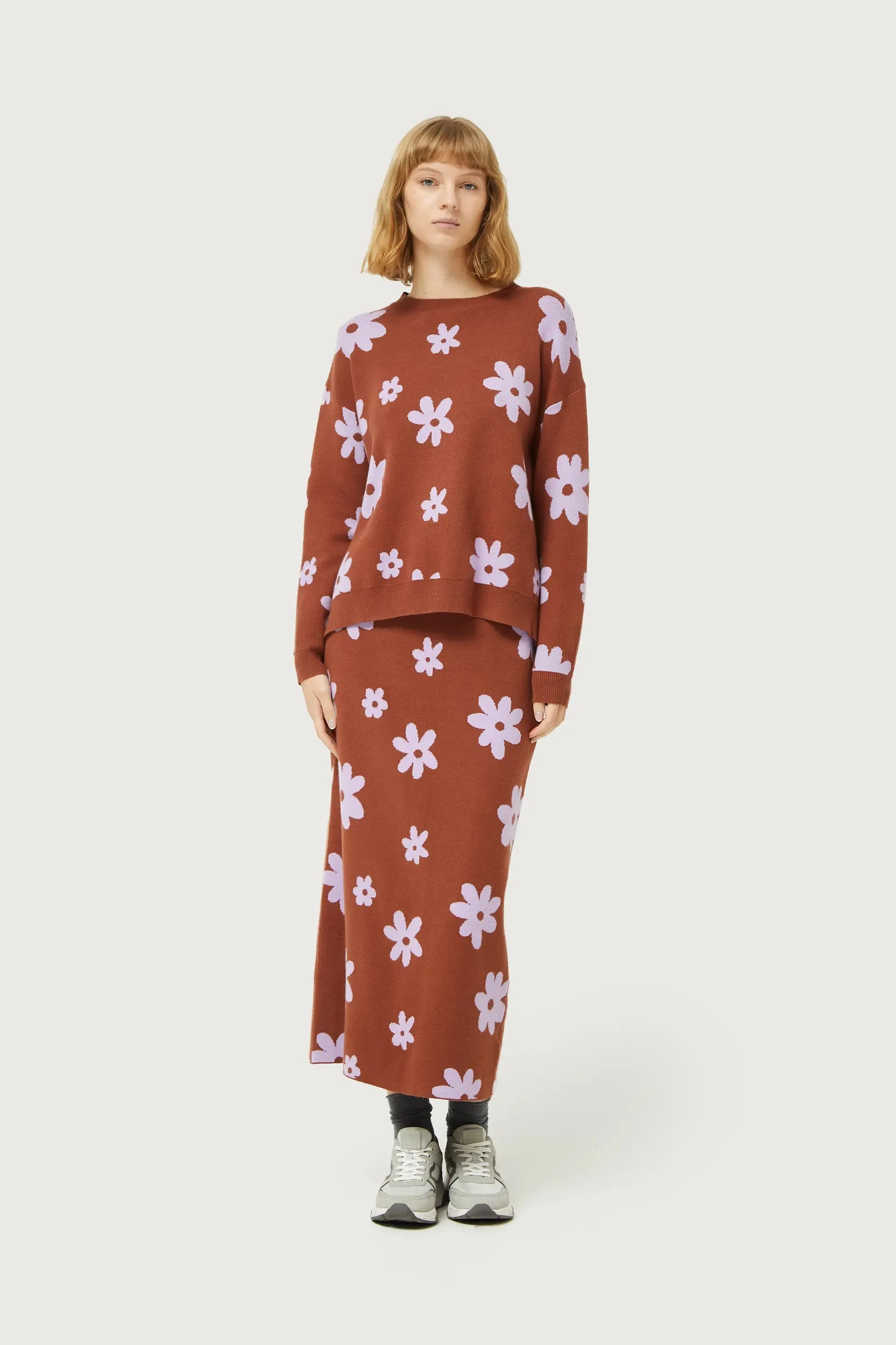 Brown Floral Print Knitted Jacquard Jumper