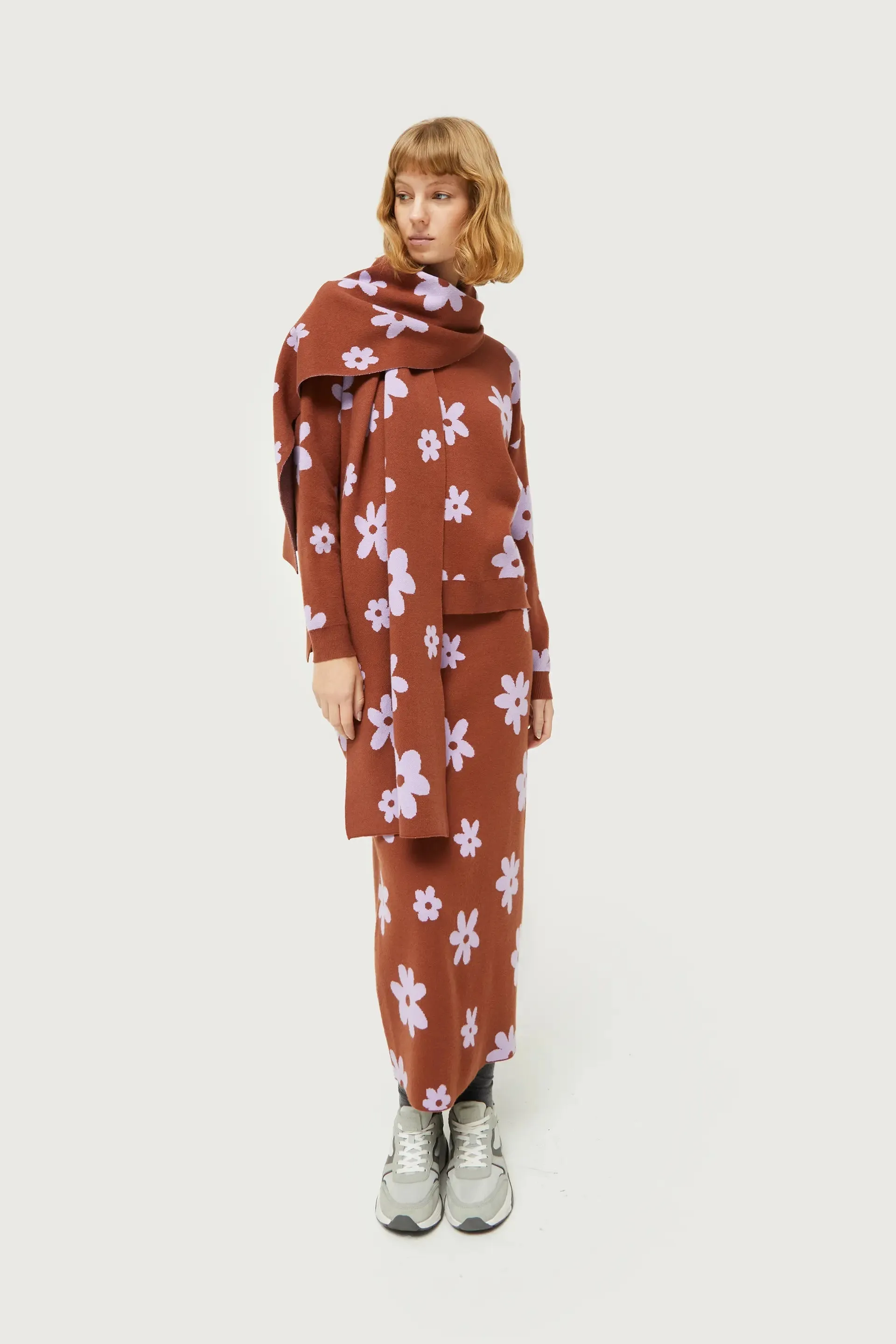 Brown Floral Print Knitted Jacquard Jumper