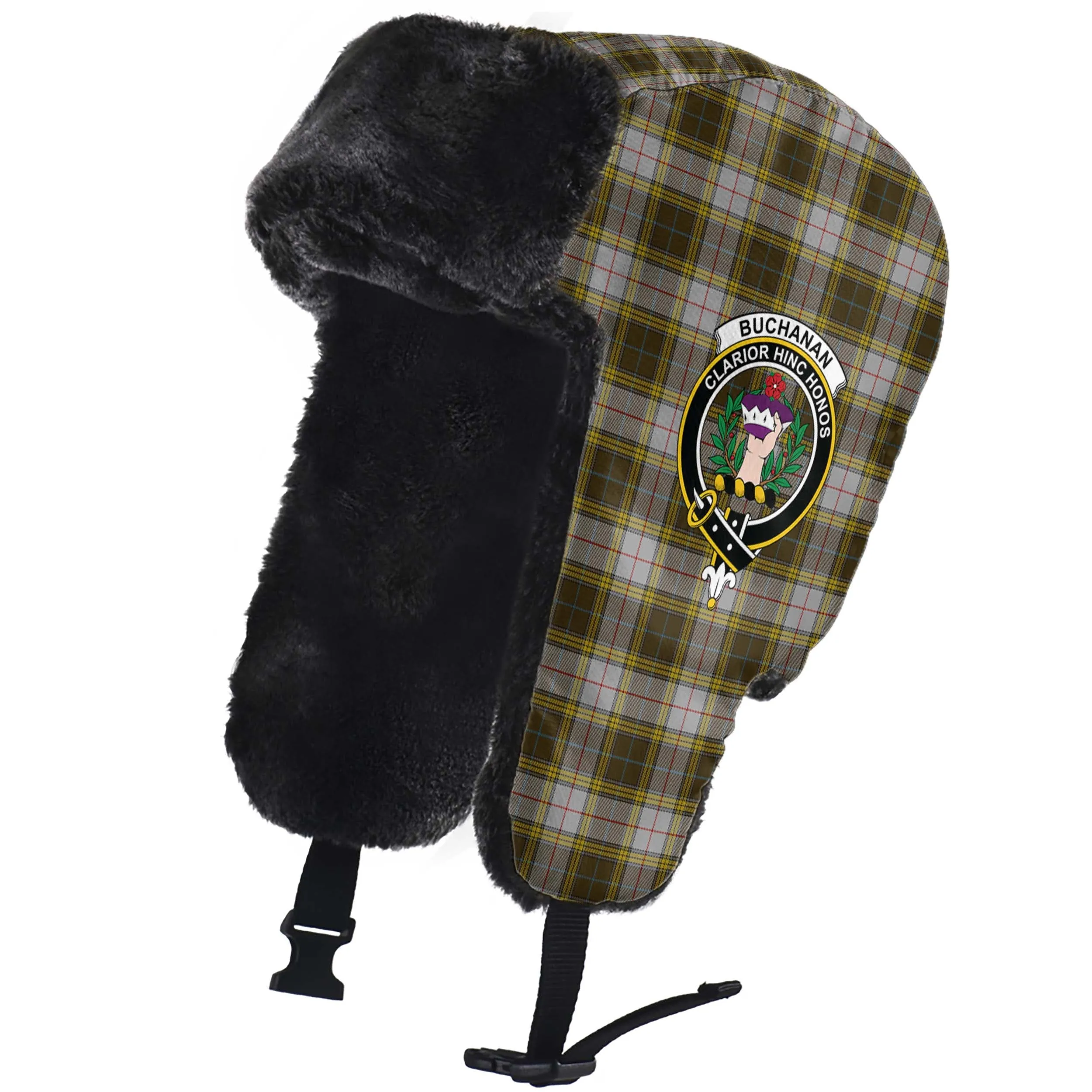Buchanan Dress Tartan Winter Trapper Hat with Family Crest