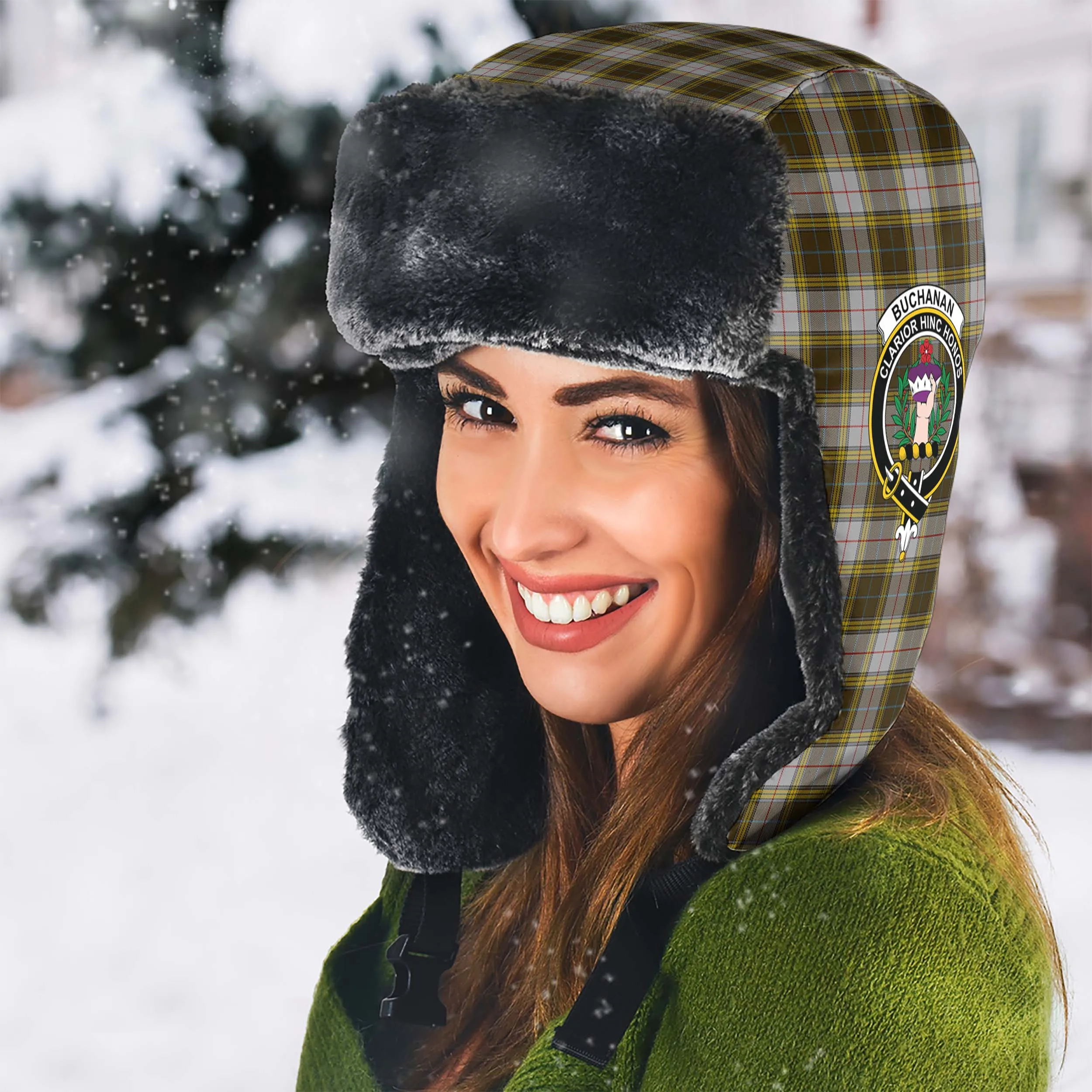 Buchanan Dress Tartan Winter Trapper Hat with Family Crest