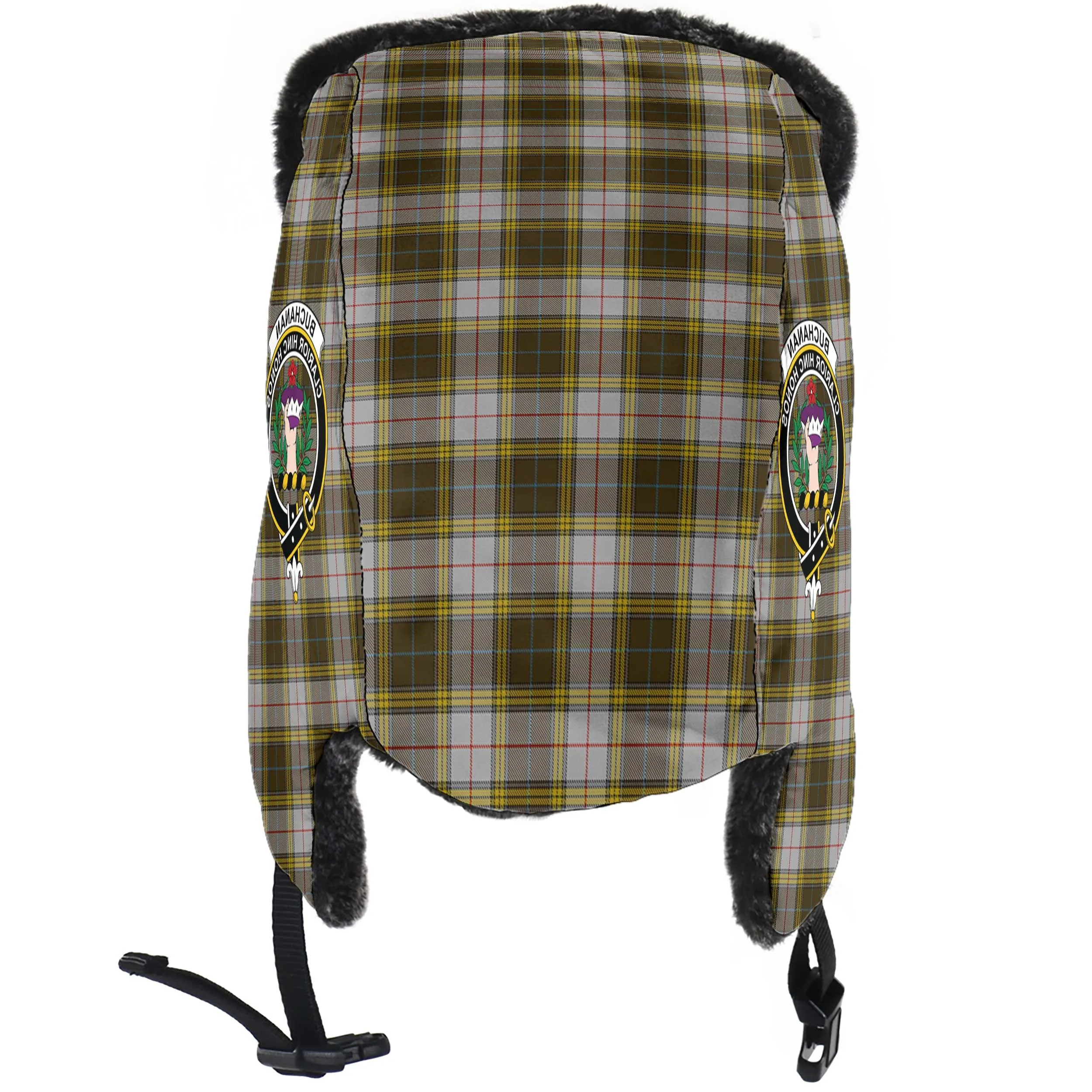 Buchanan Dress Tartan Winter Trapper Hat with Family Crest