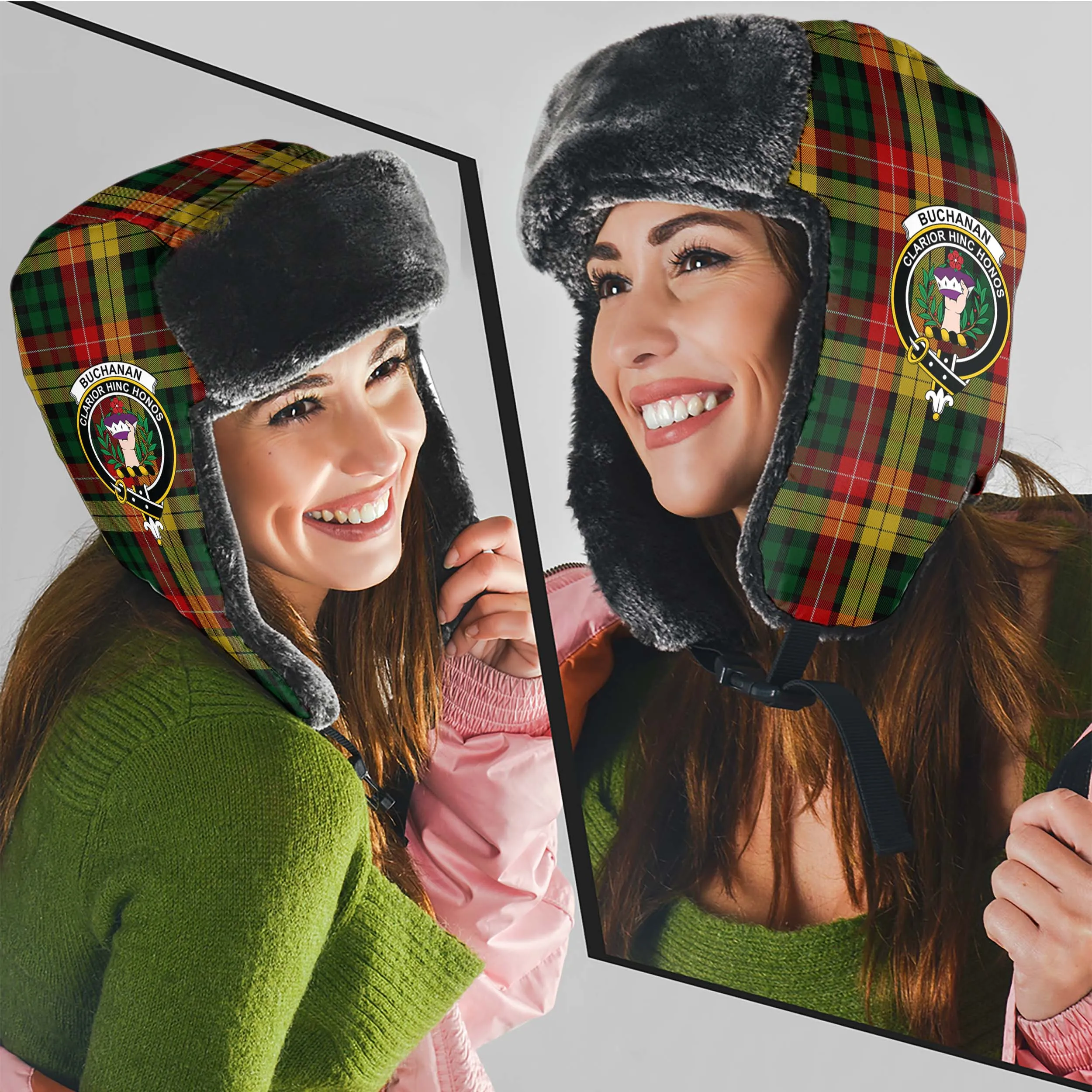 Buchanan Tartan Winter Trapper Hat with Family Crest