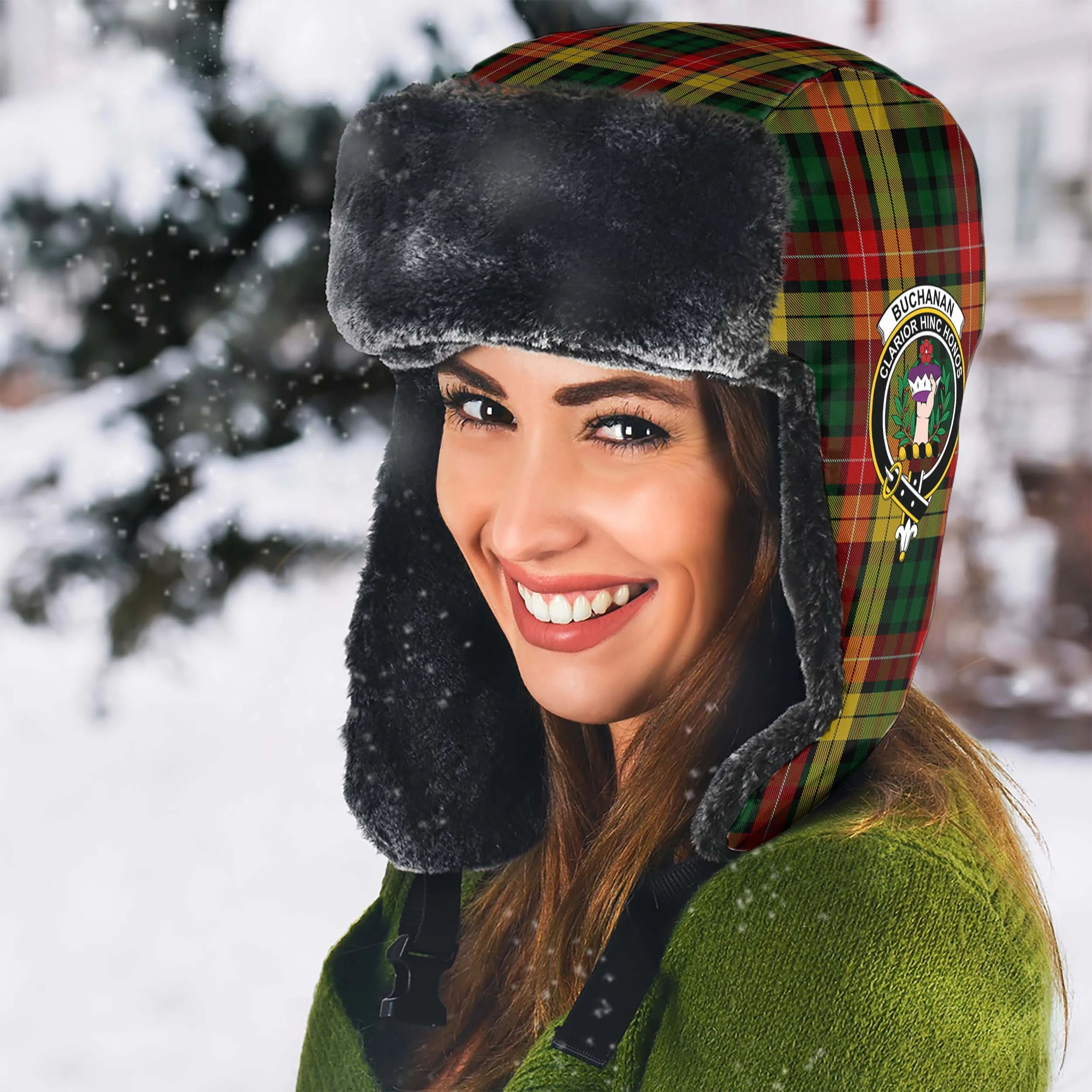 Buchanan Tartan Winter Trapper Hat with Family Crest