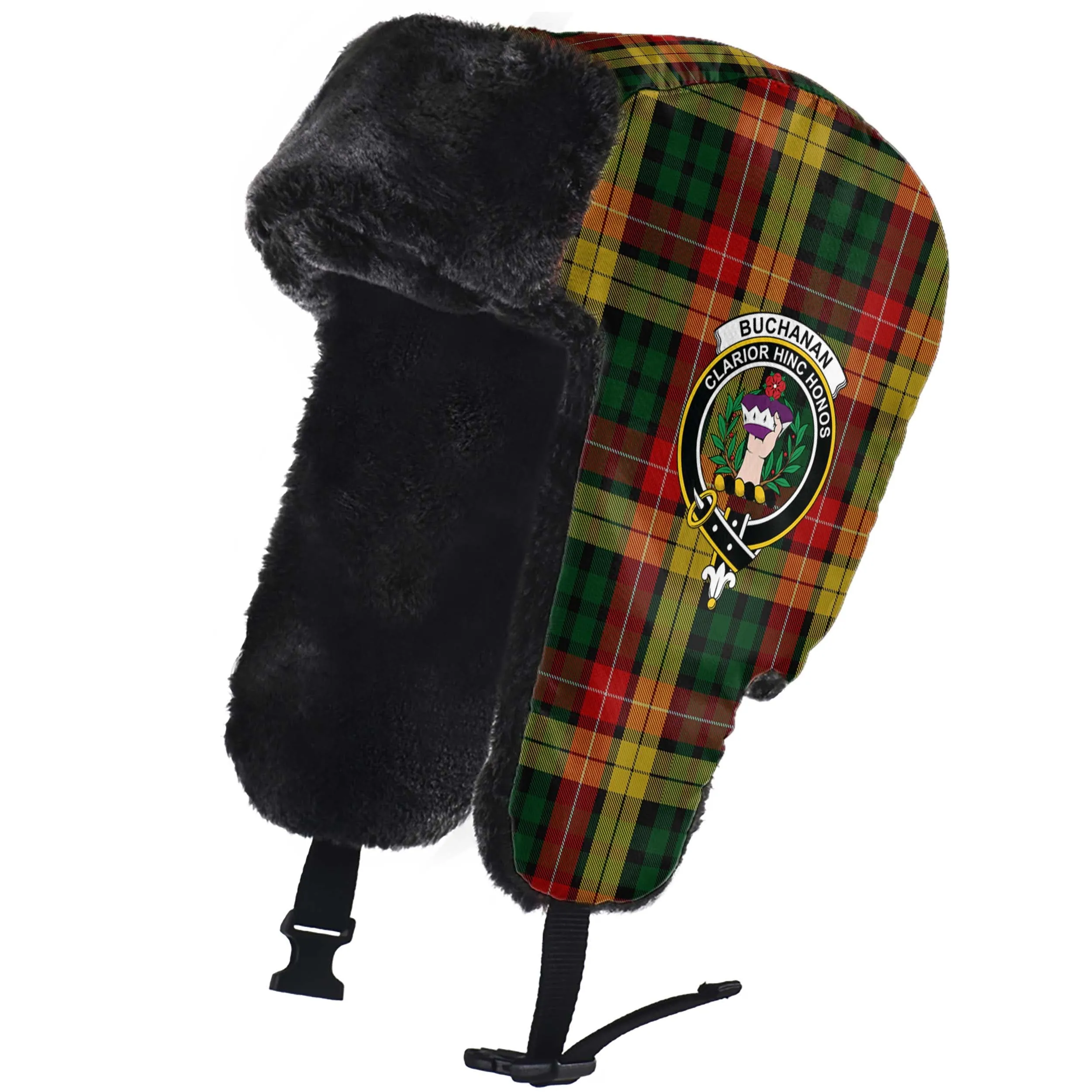 Buchanan Tartan Winter Trapper Hat with Family Crest