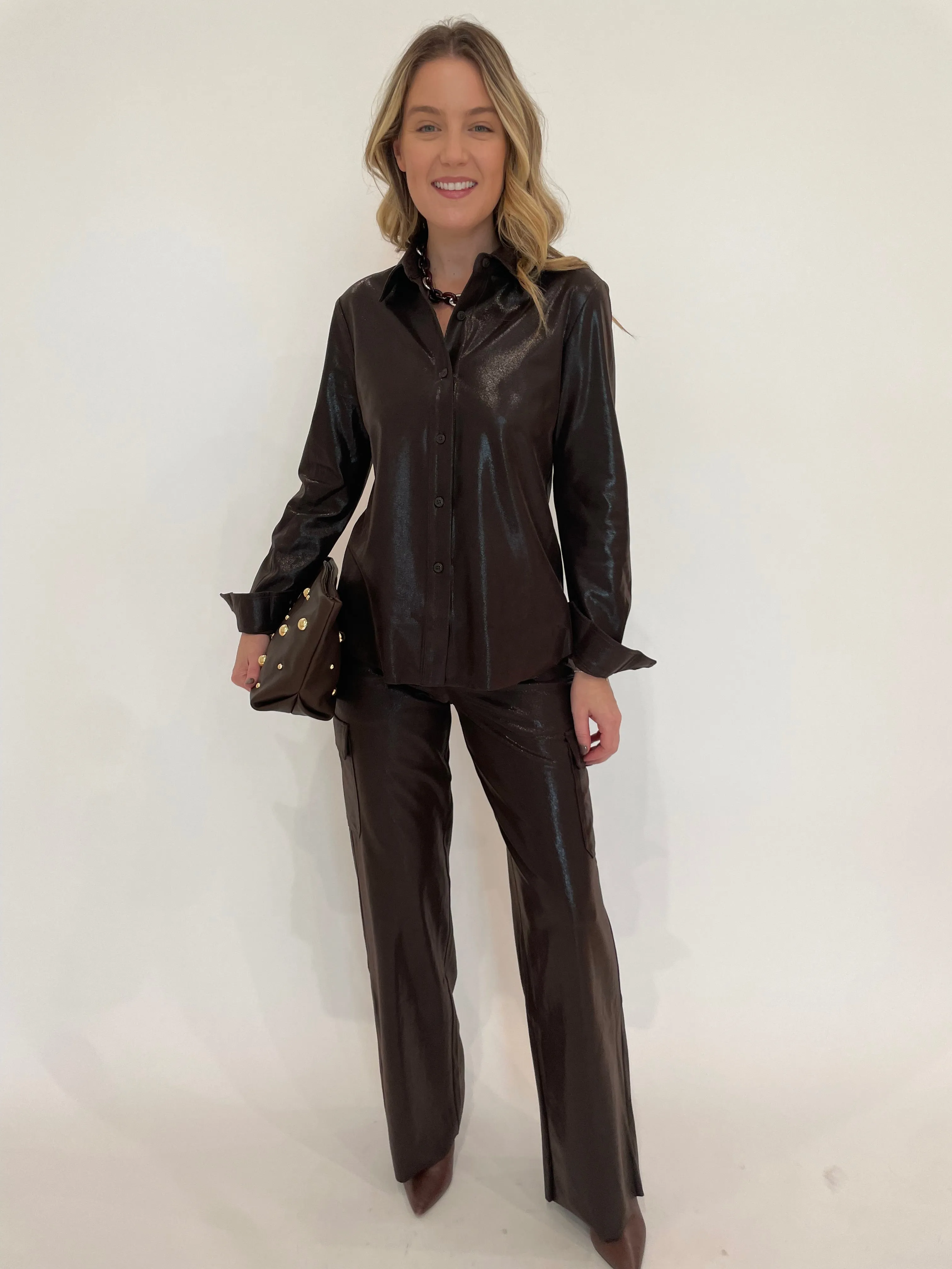 Callie Patent Foil Vegan Suede Cargo Pants - Liquid Mocha