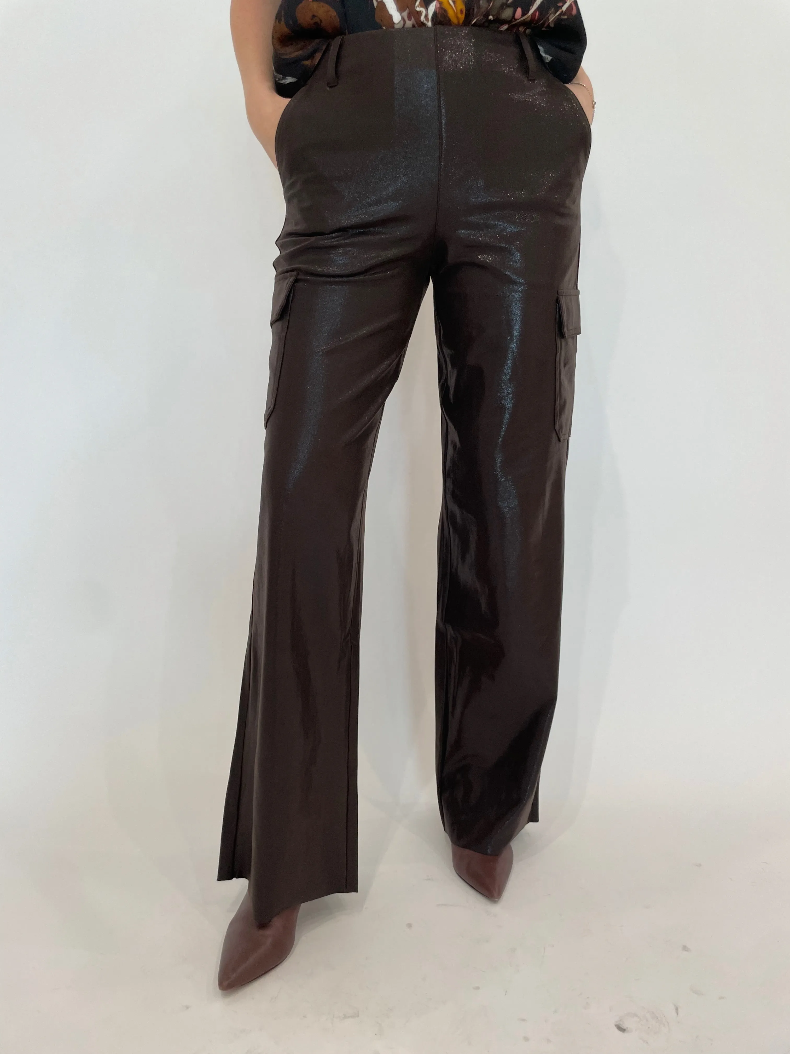 Callie Patent Foil Vegan Suede Cargo Pants - Liquid Mocha
