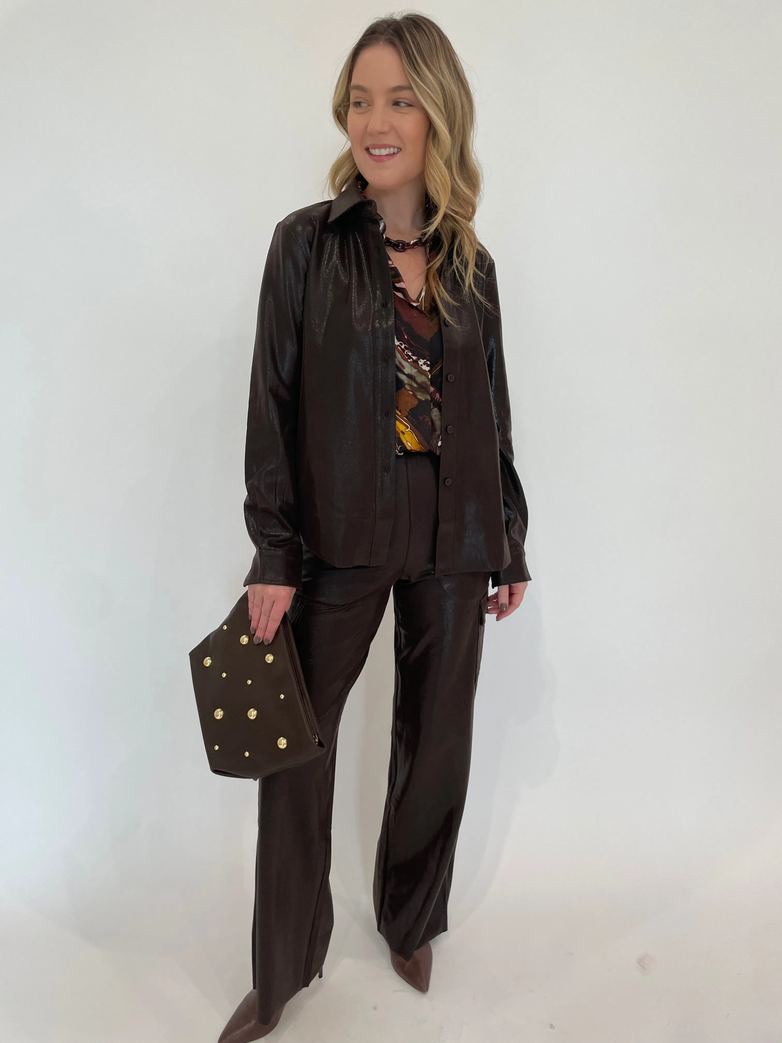 Callie Patent Foil Vegan Suede Cargo Pants - Liquid Mocha