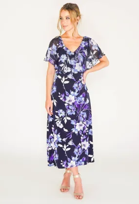 CAPELET FLORAL PRINT DRESS IN NAVY