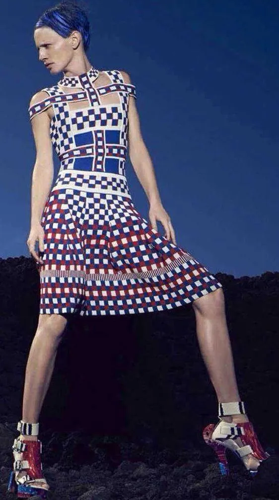 Checkered Printed Cross-Strap Knit Dress