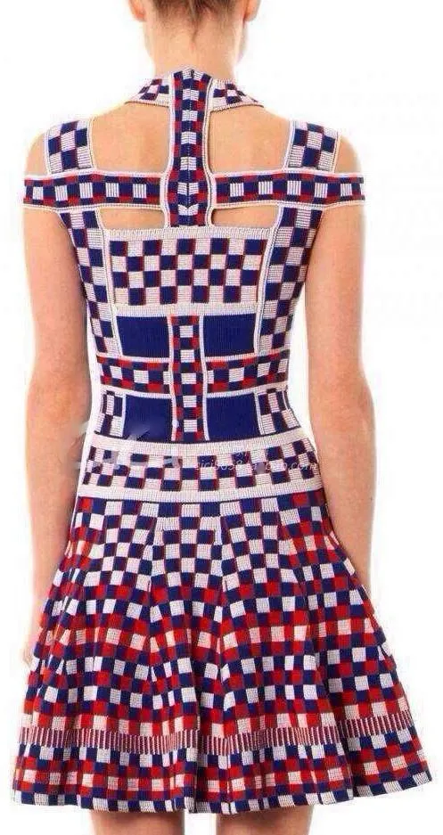Checkered Printed Cross-Strap Knit Dress