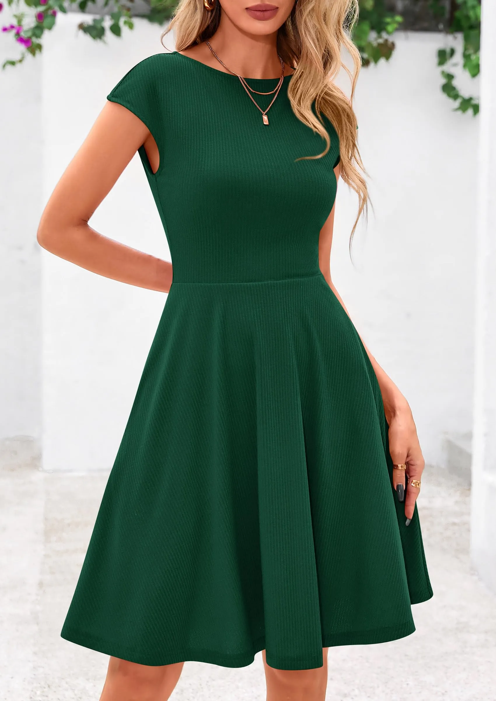 Crew neck Cap Sleeve Ribbed Knit Casual Flowy A Line Mini Dress with Pockets