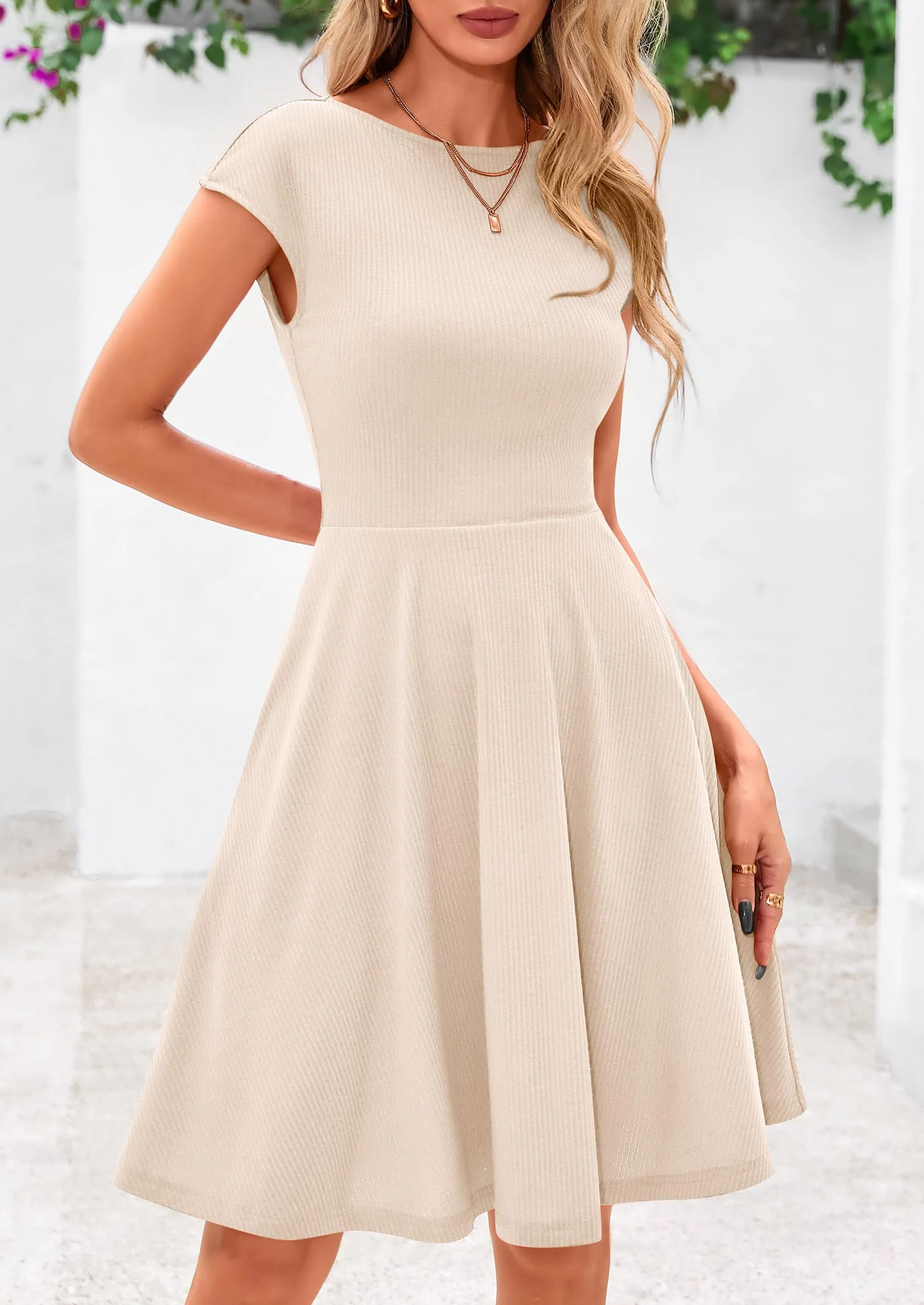 Crew neck Cap Sleeve Ribbed Knit Casual Flowy A Line Mini Dress with Pockets