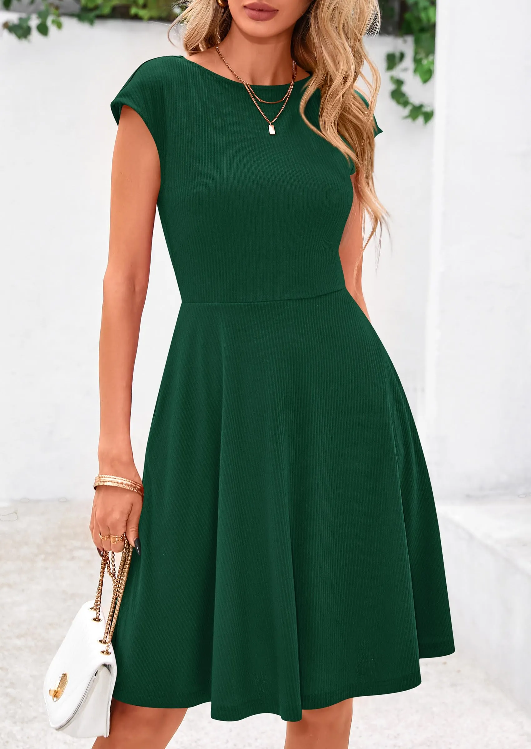 Crew neck Cap Sleeve Ribbed Knit Casual Flowy A Line Mini Dress with Pockets