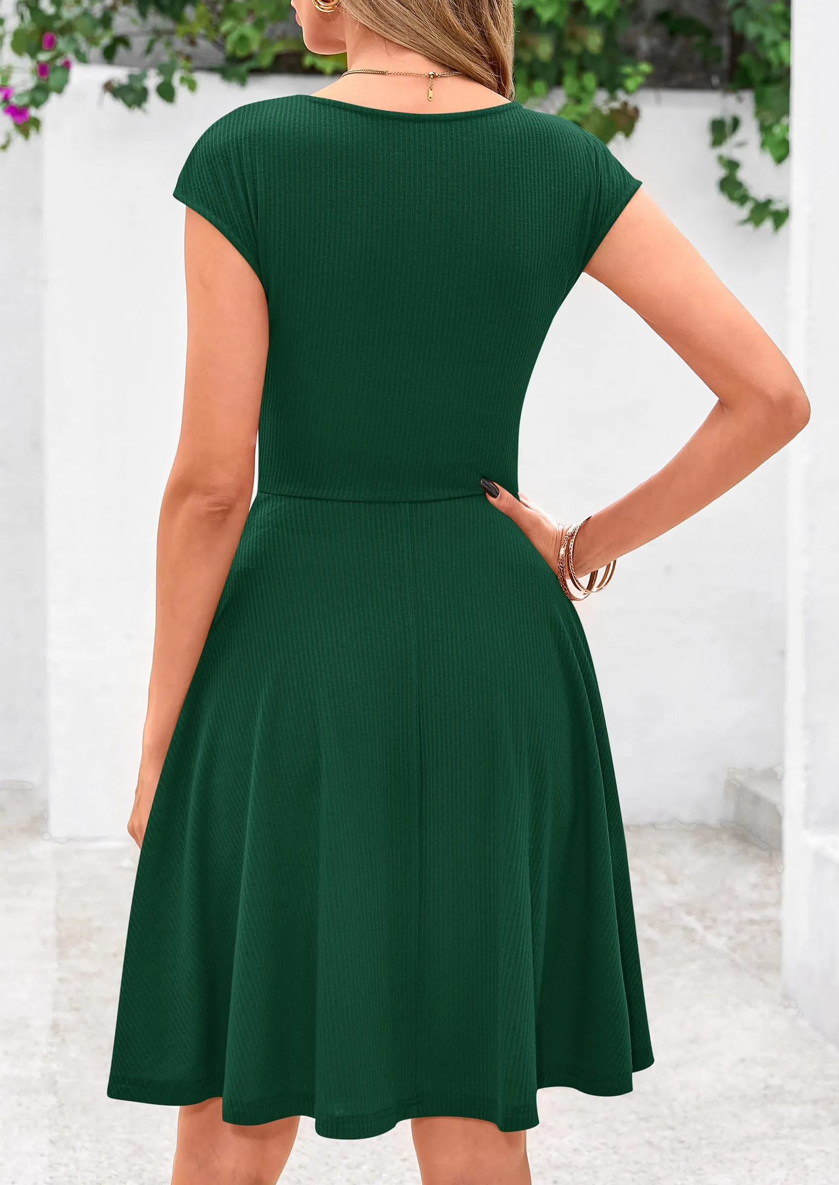 Crew neck Cap Sleeve Ribbed Knit Casual Flowy A Line Mini Dress with Pockets