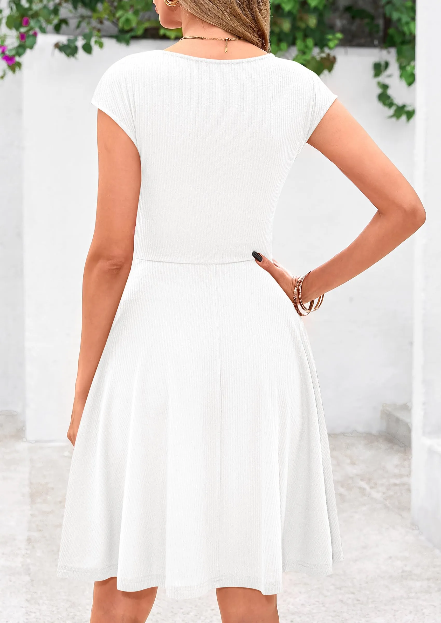 Crew neck Cap Sleeve Ribbed Knit Casual Flowy A Line Mini Dress with Pockets