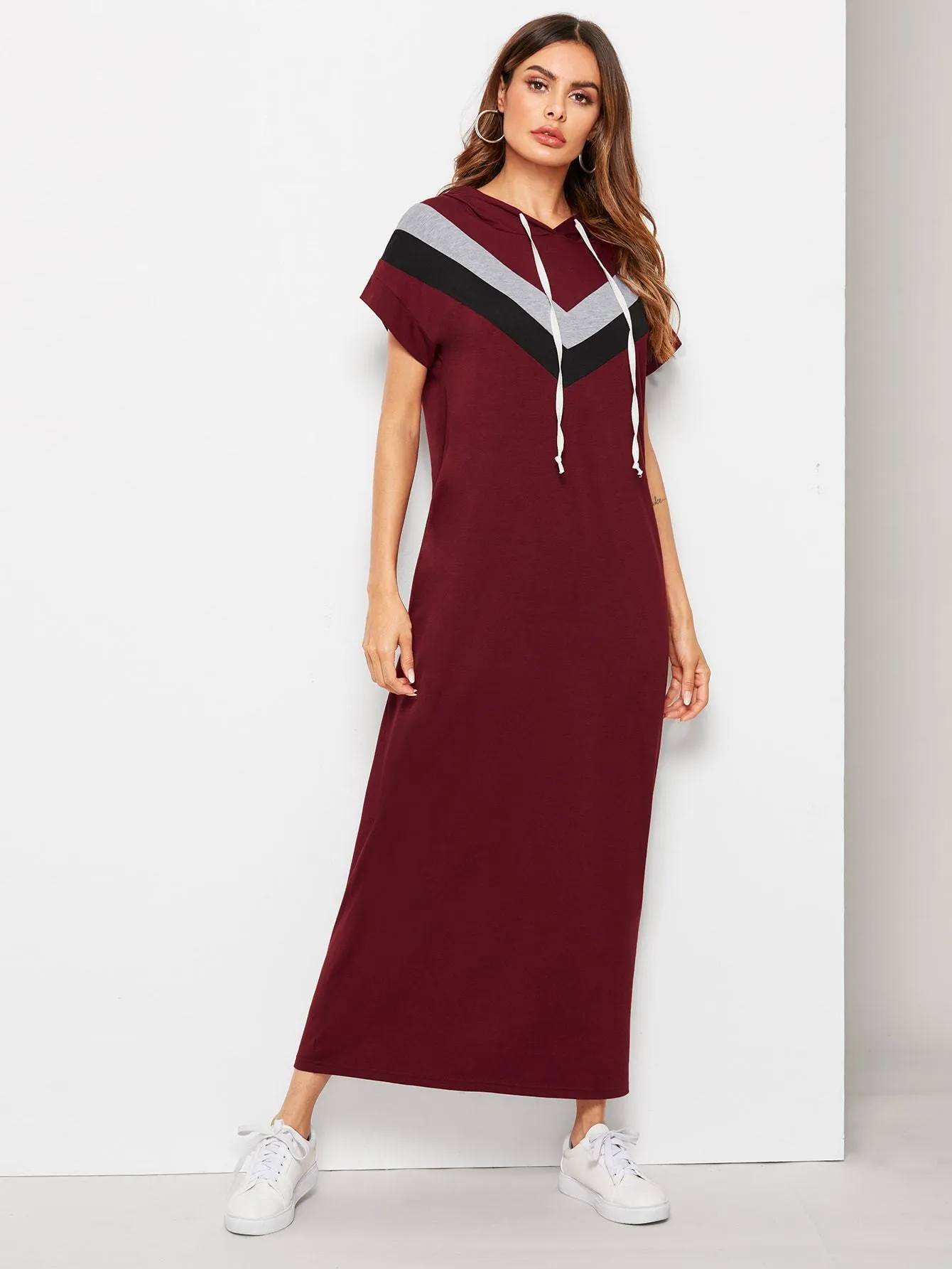 Cut And Sew Chevron Hooded Maxi Dress