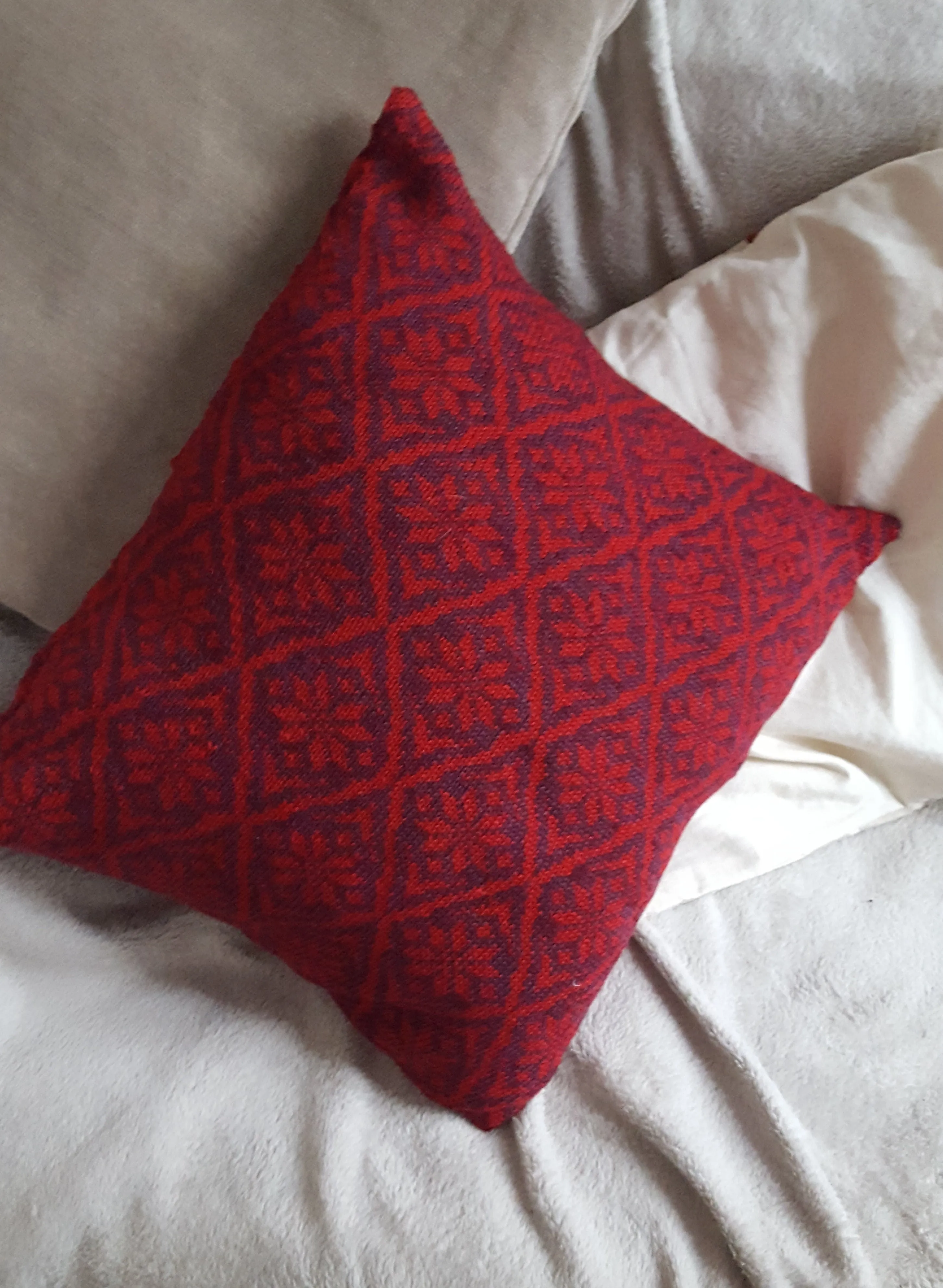 Damask Star, traditional fair isle handmade cushion cover, Red & Aubergine.