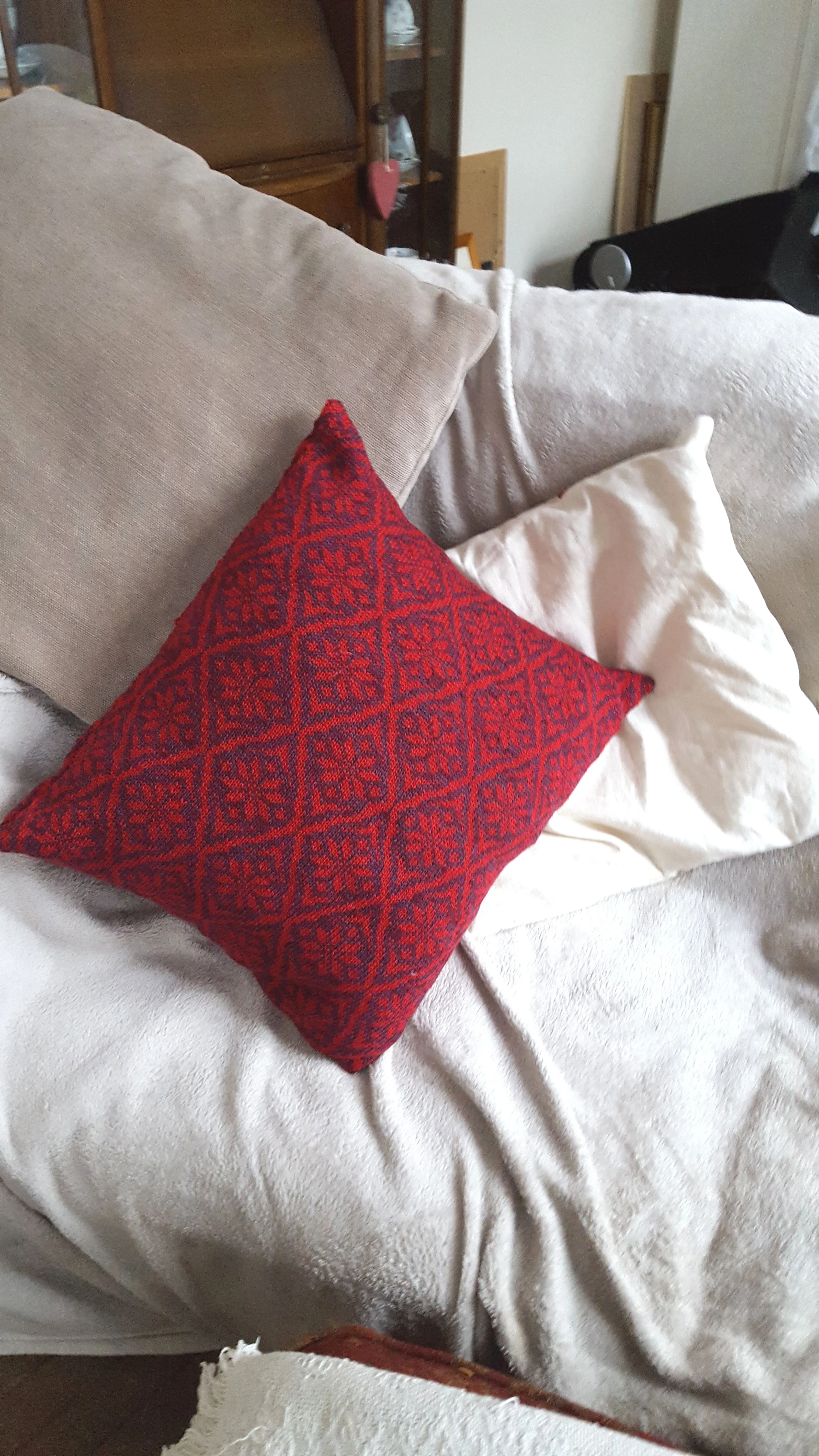 Damask Star, traditional fair isle handmade cushion cover, Red & Aubergine.