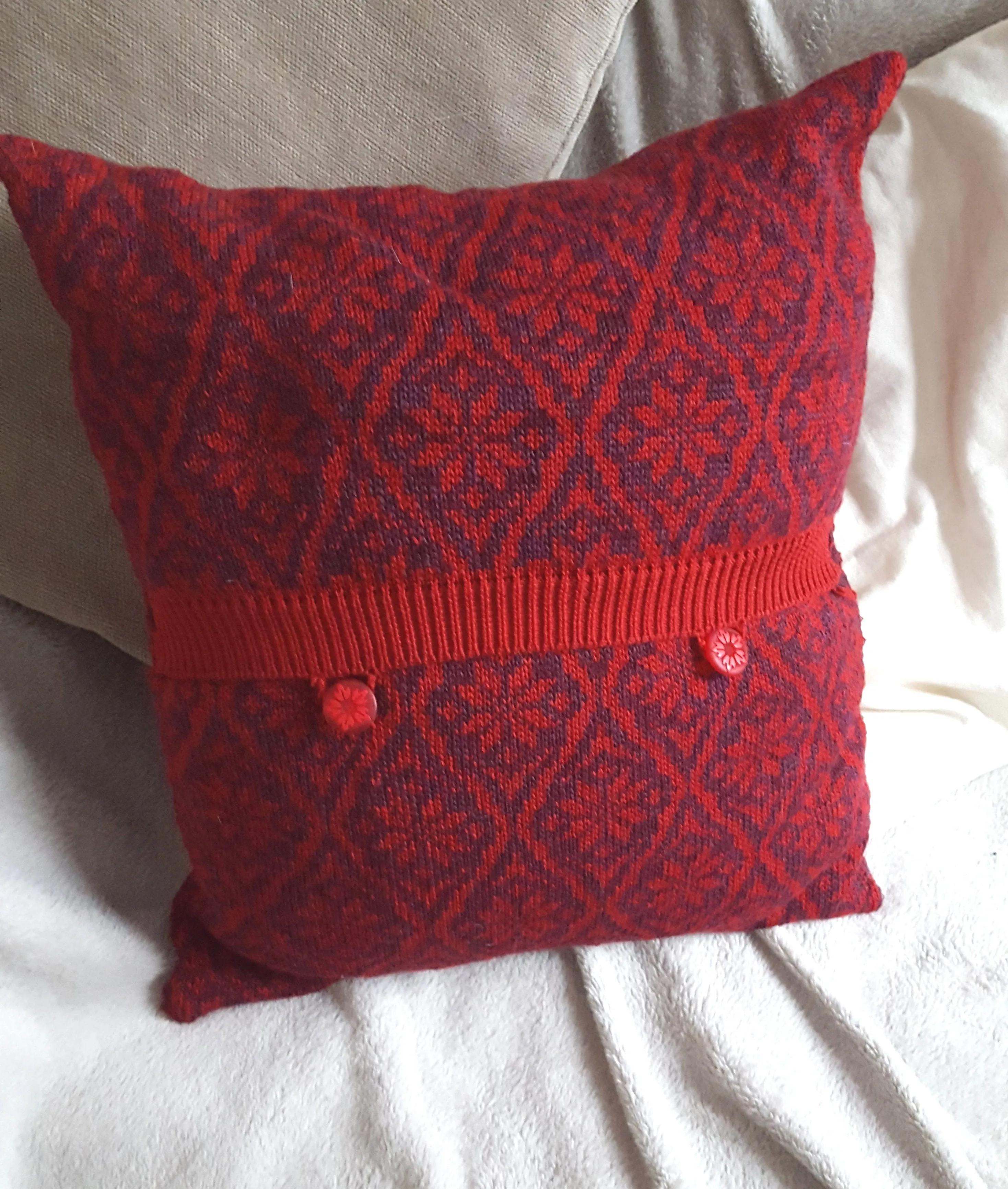Damask Star, traditional fair isle handmade cushion cover, Red & Aubergine.