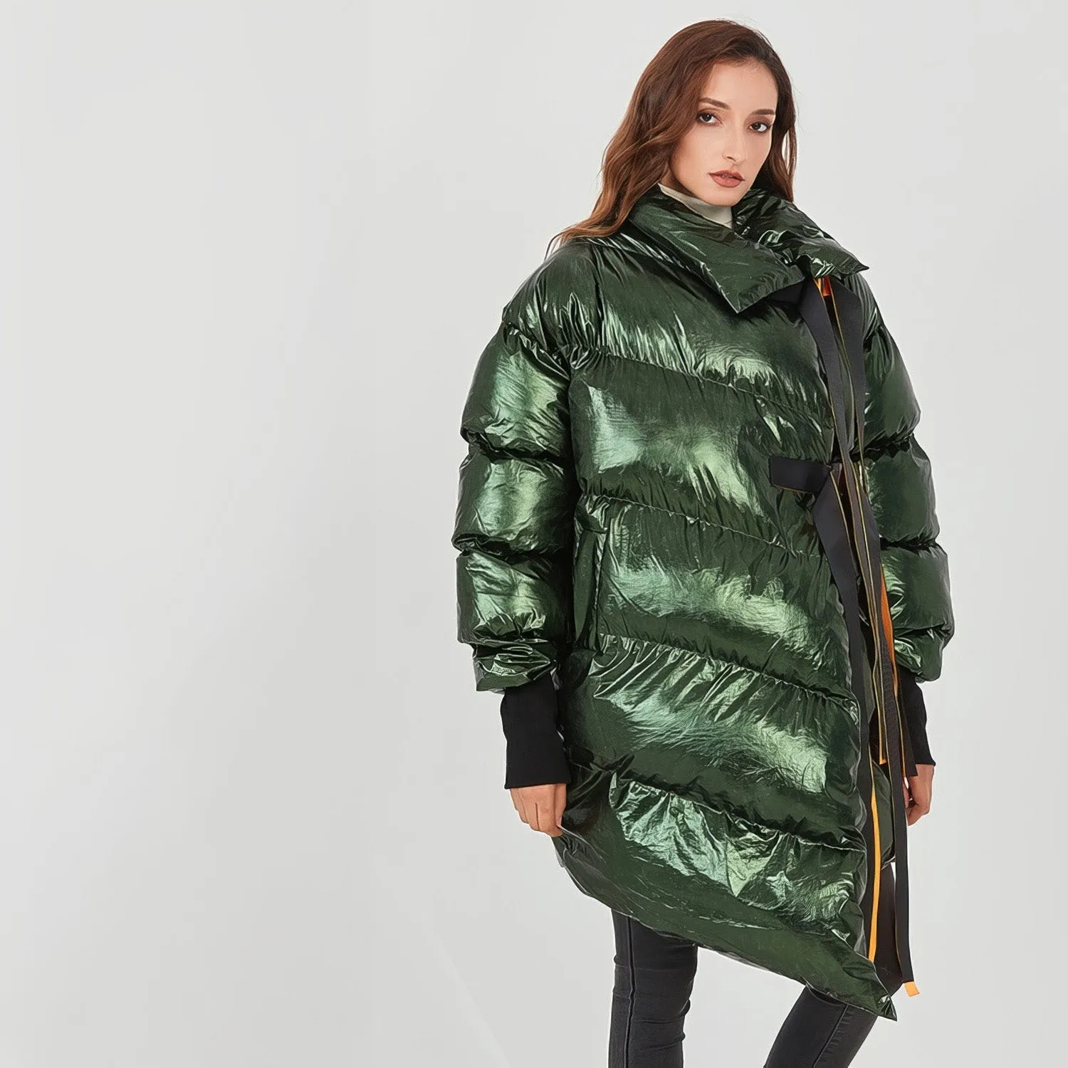 DARK GREEN OVERSIZED Puffer Jacket with IRREGULAR HEM