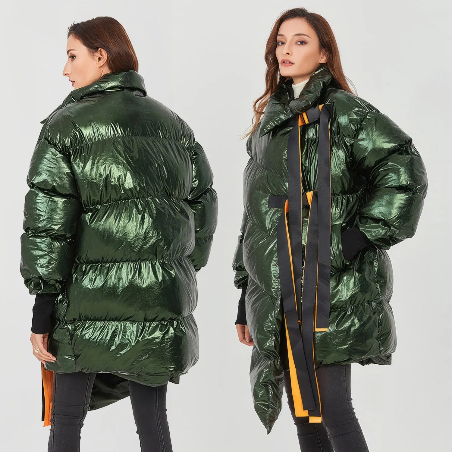 DARK GREEN OVERSIZED Puffer Jacket with IRREGULAR HEM