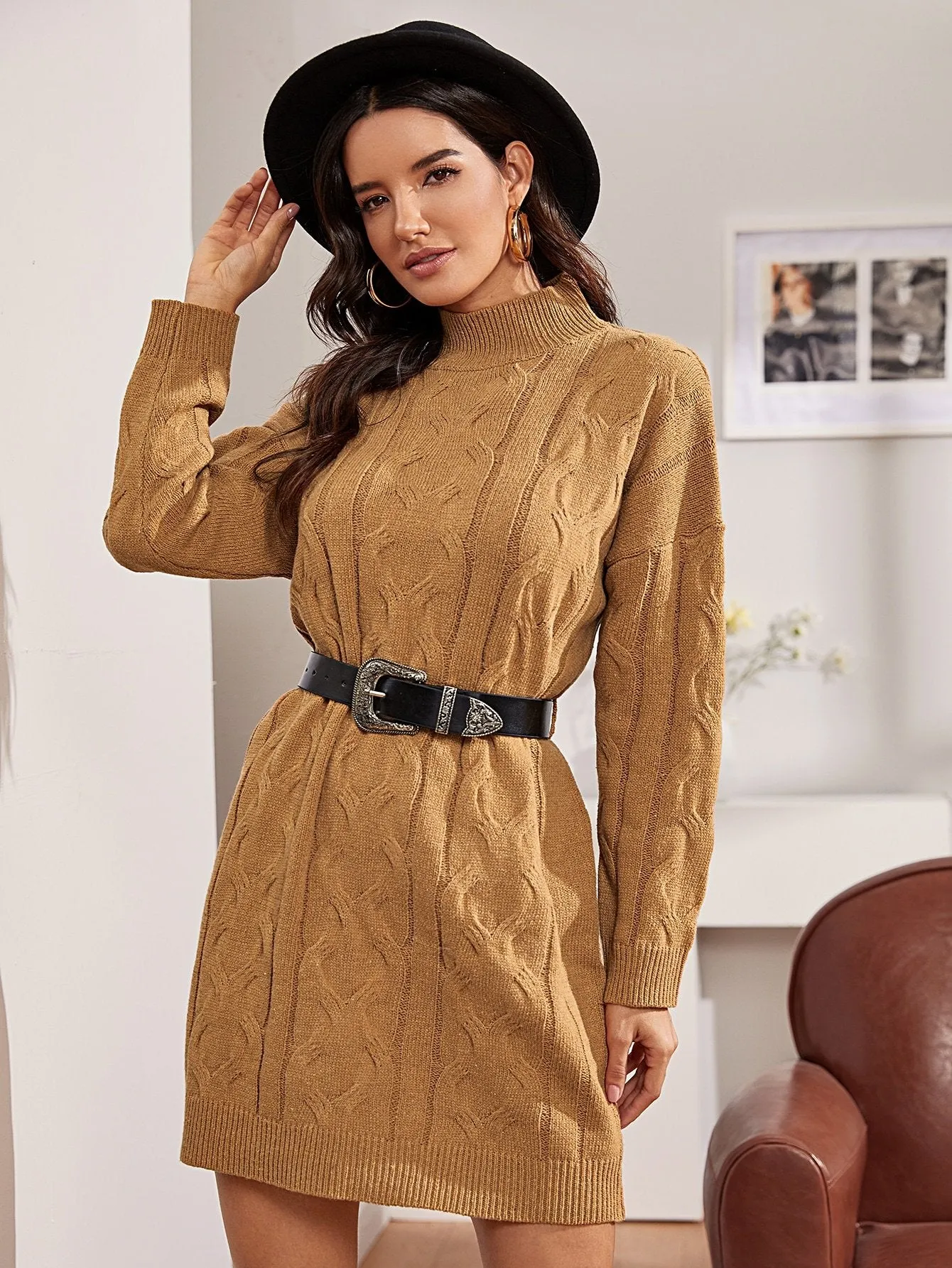 Drop Shoulder Cable Knit Jumper Dress With Belt