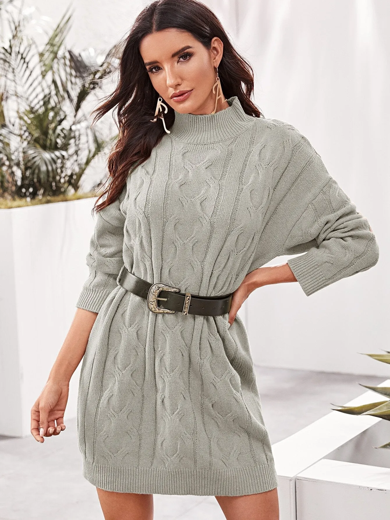 Drop Shoulder Cable Knit Jumper Dress With Belt