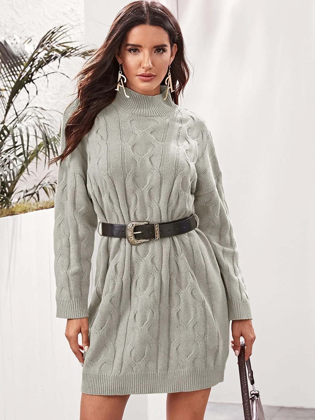 Drop Shoulder Cable Knit Jumper Dress With Belt