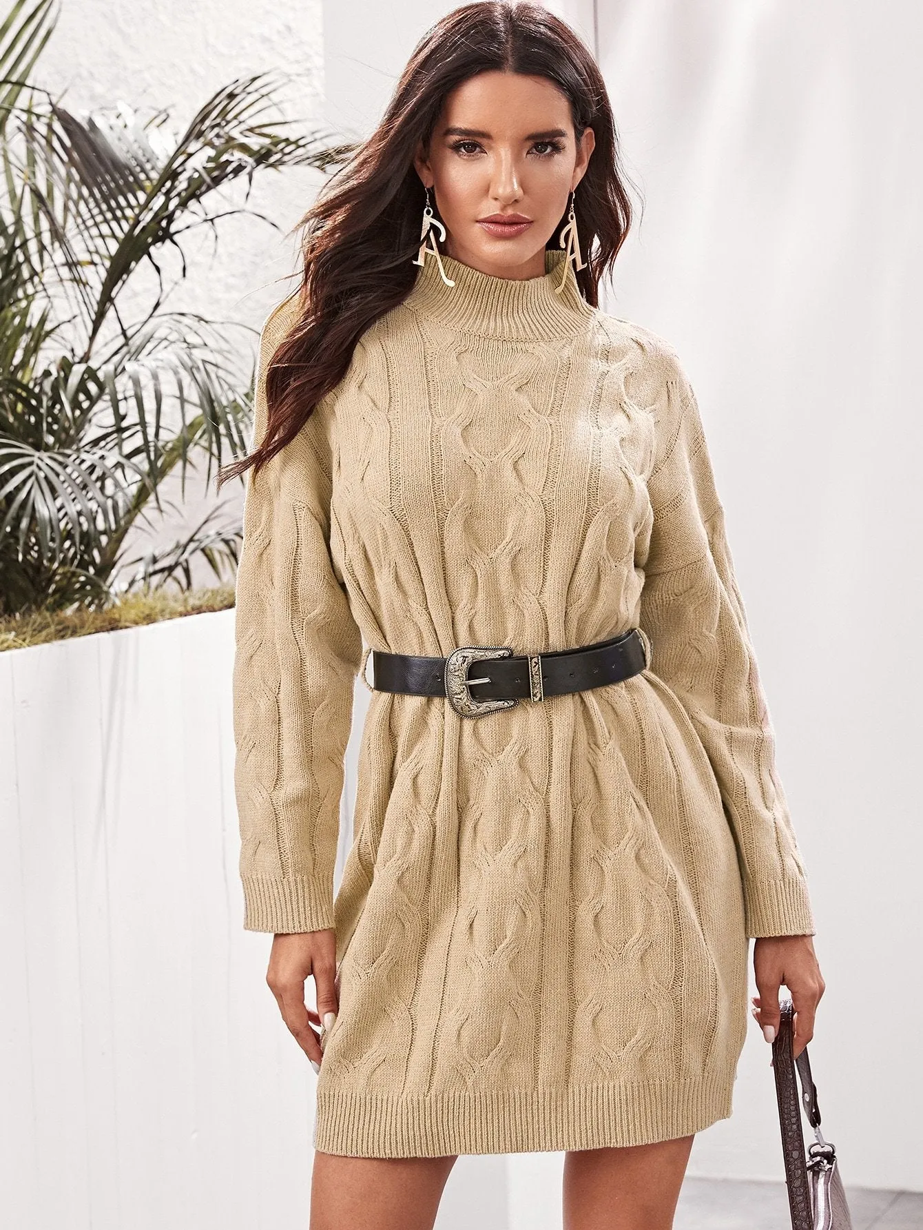Drop Shoulder Cable Knit Jumper Dress With Belt