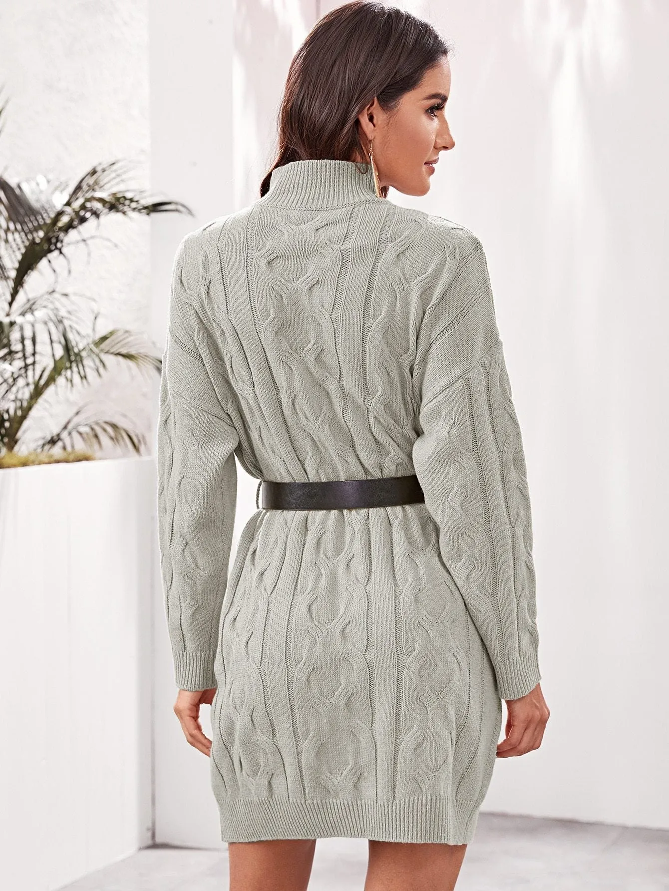 Drop Shoulder Cable Knit Jumper Dress With Belt